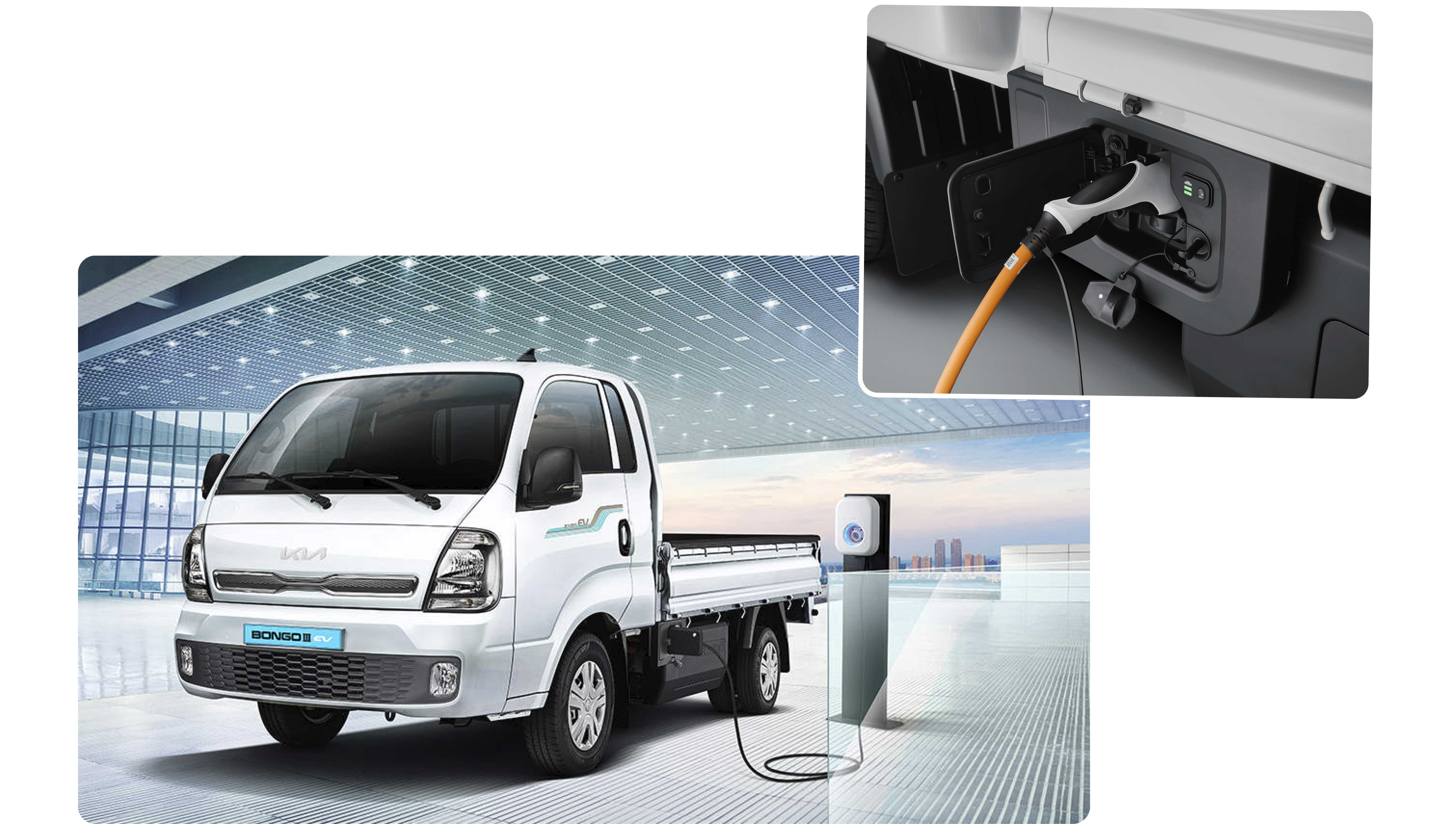 A Bongo III EV during charging, and the charging cable connected