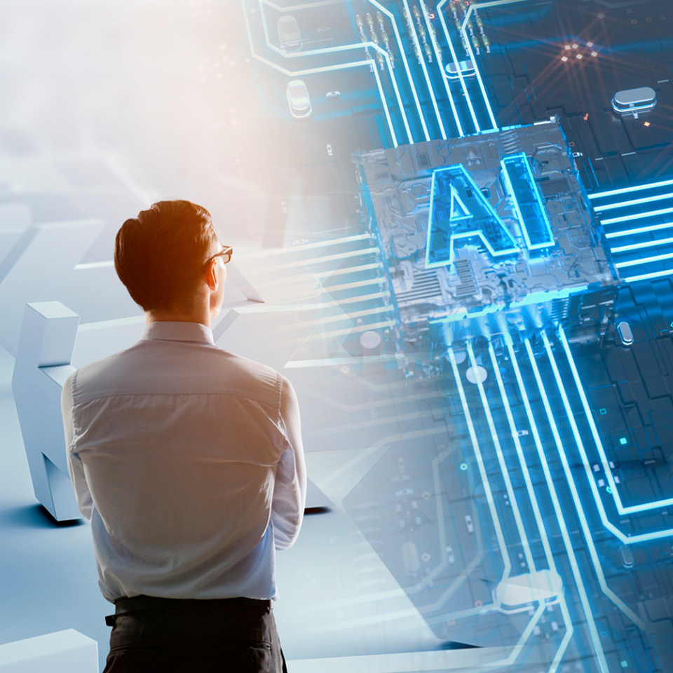 AI와 이를 바라보는 남자의 뒷모습