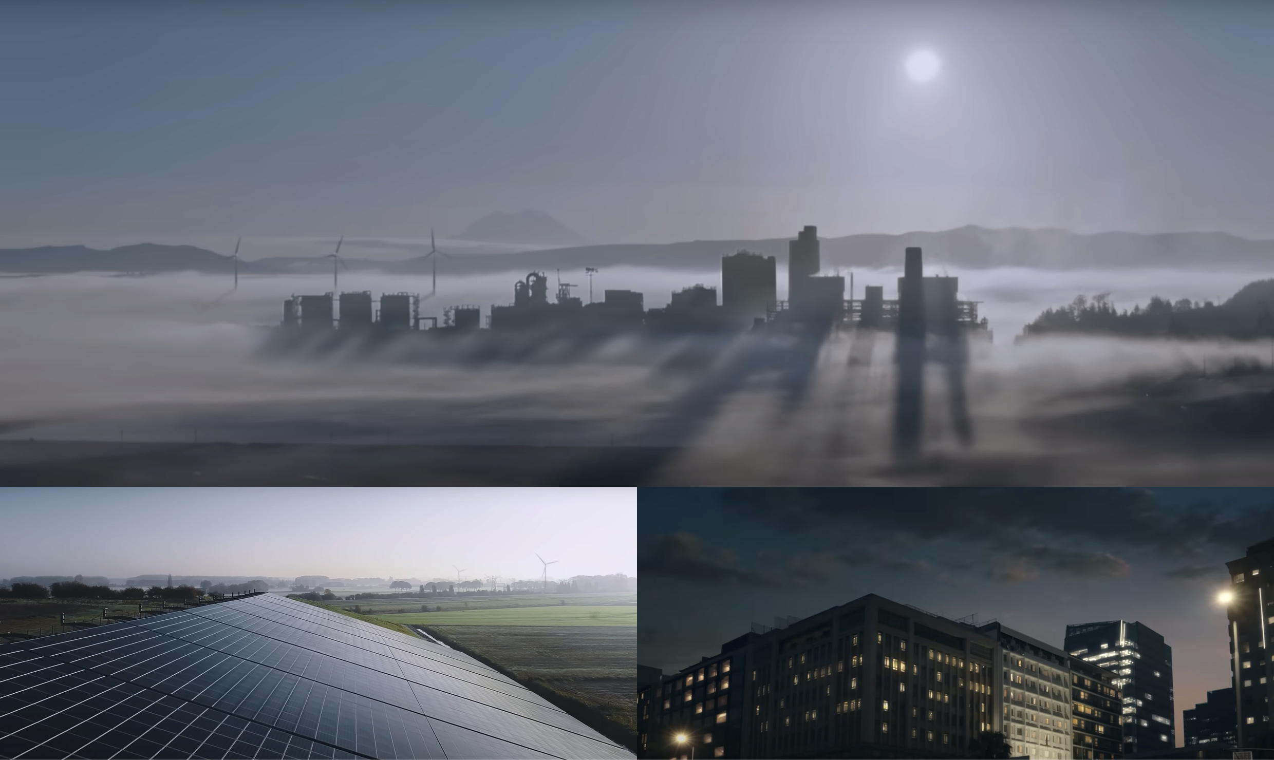 미래 수소사회의 모습을 표현하는 도심 풍경 및 재생에너지 발전소