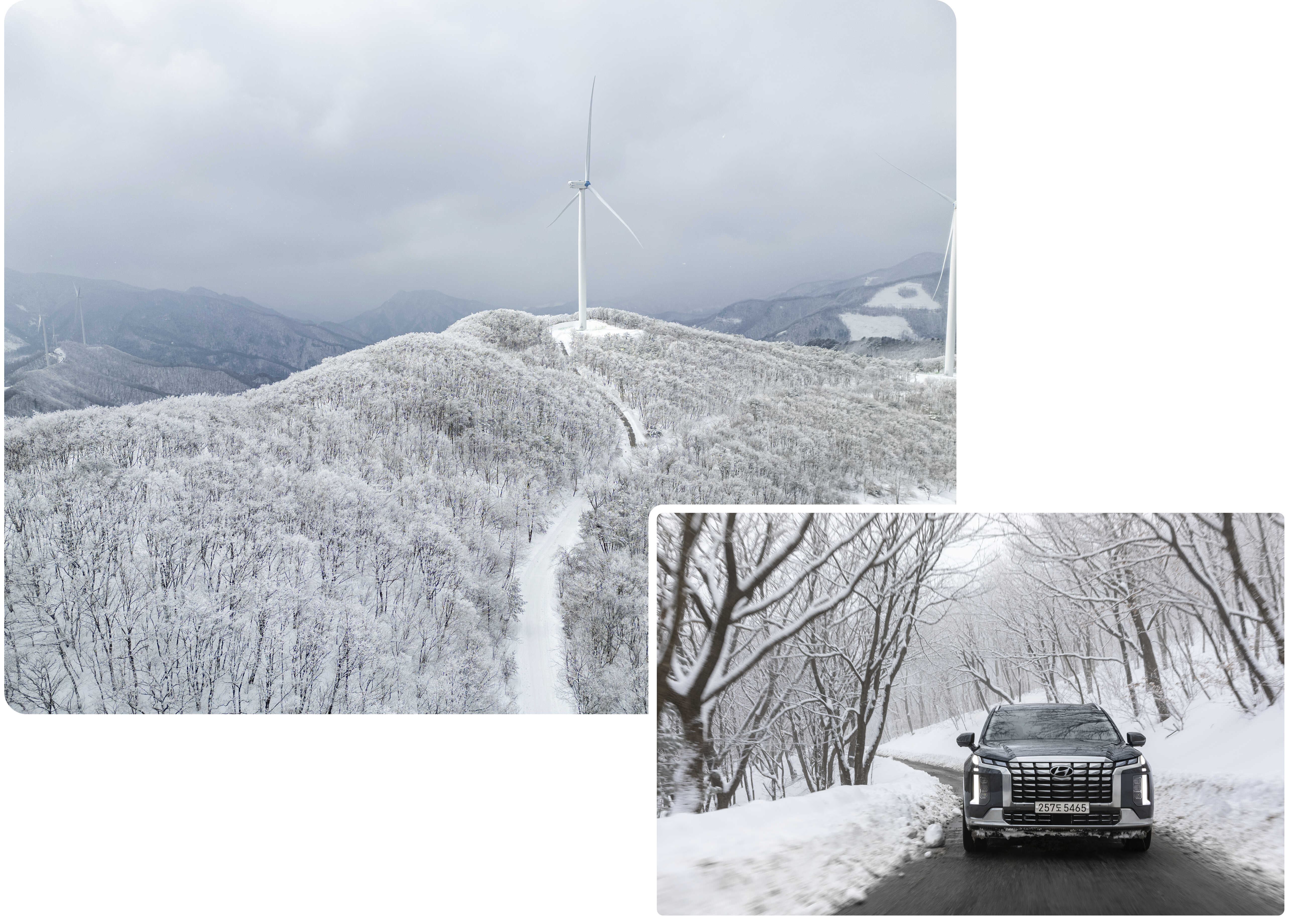 겨울 설산을 달리고 있는 팰리세이드의 전면과 만항재 설산의 풍경