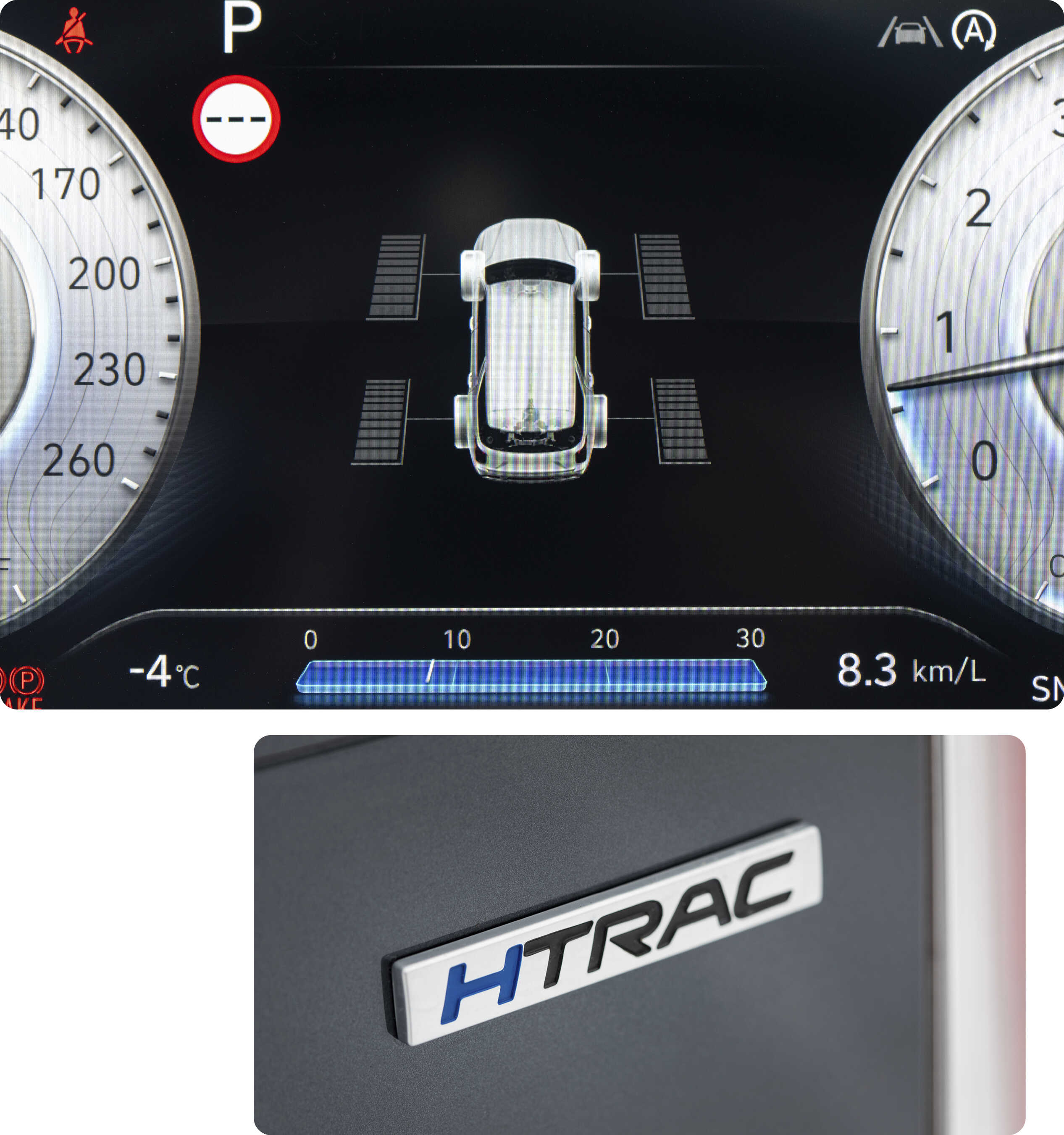 구동력 배분 상황을 보여주는 클러스터 화면과 HRAC 배지