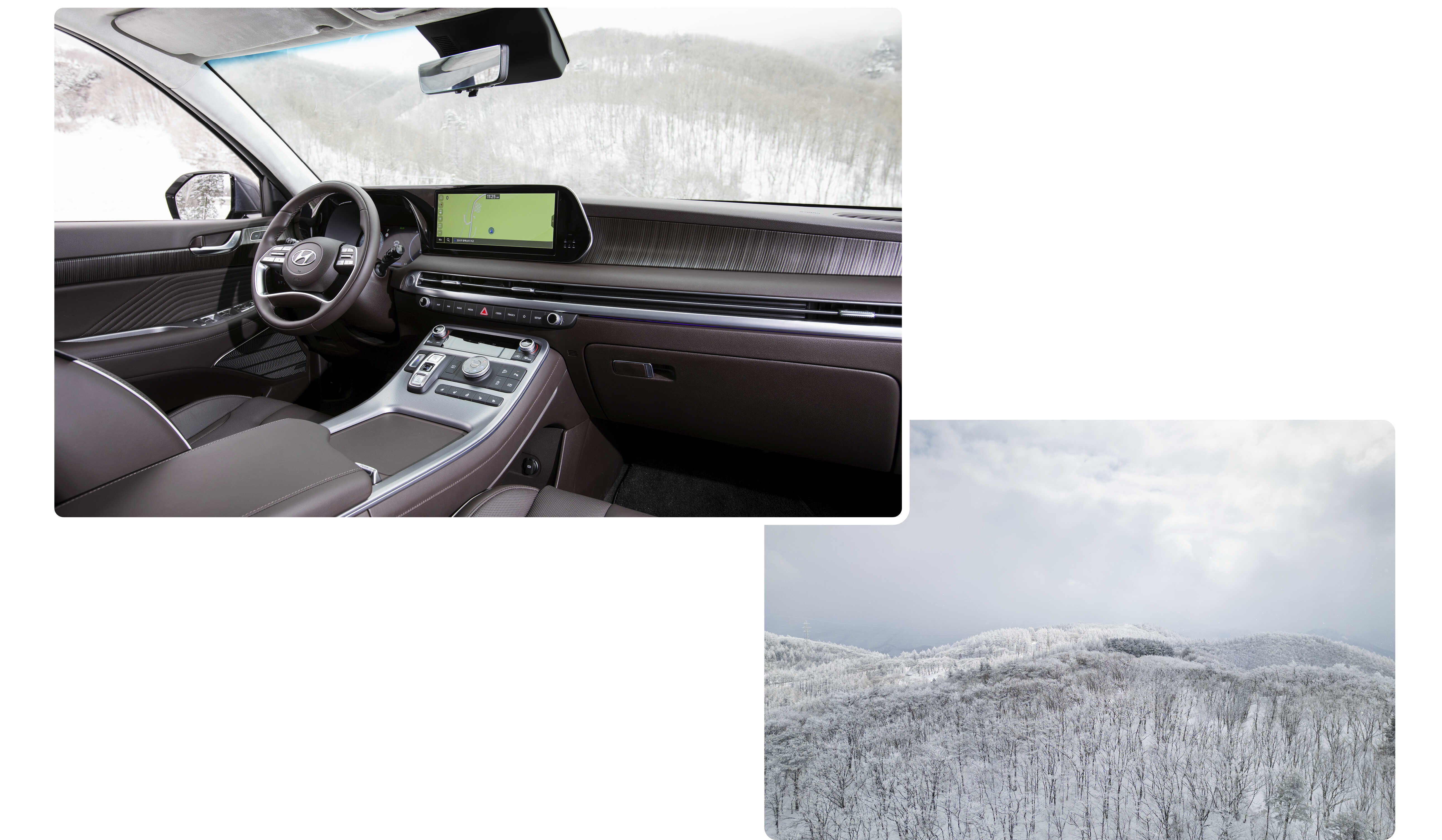Palisade’s interior and snowy mountain scenery