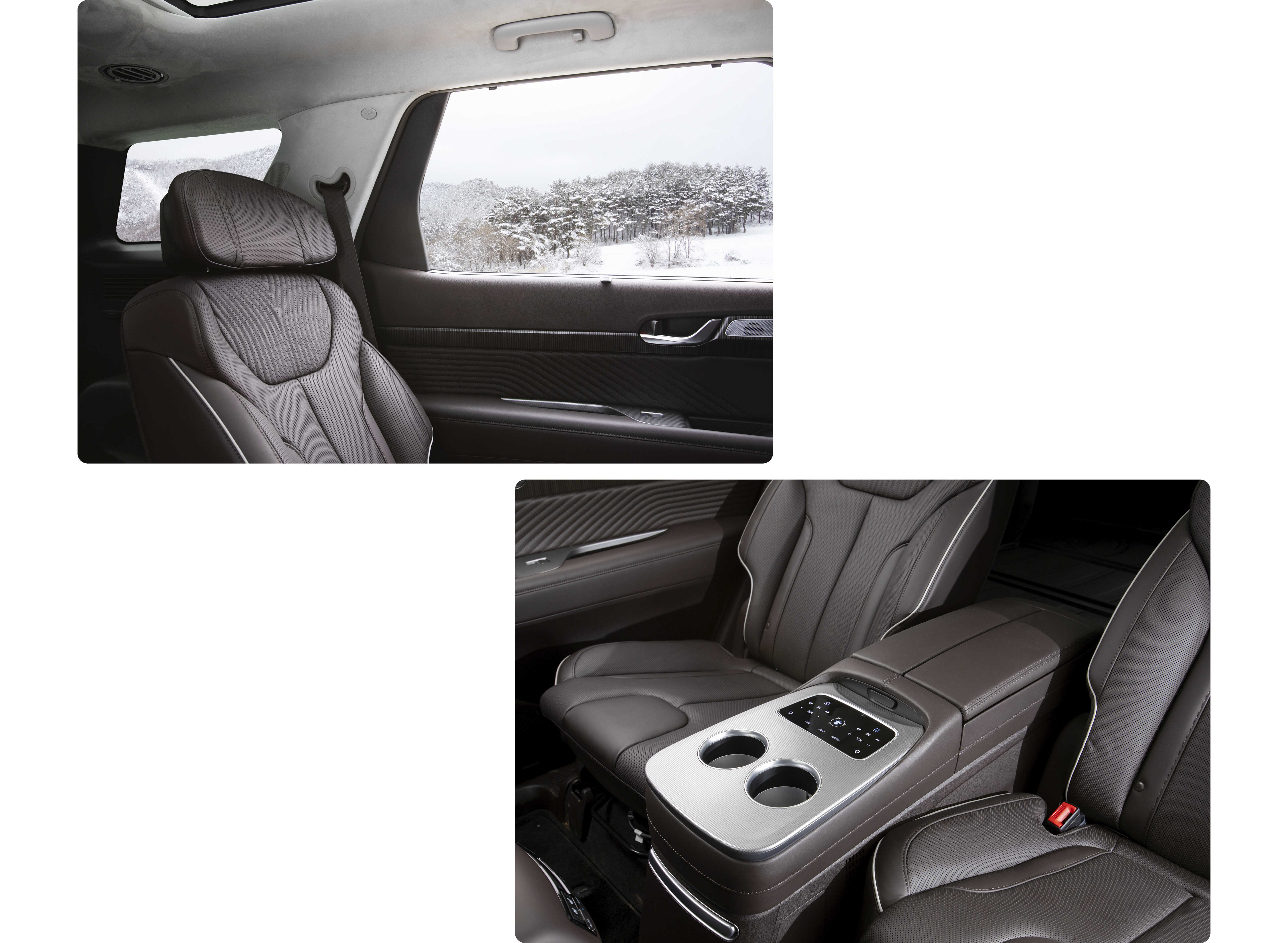 Snowy mountain scenery and hot and cold cup holders seen from the second row of Palisade