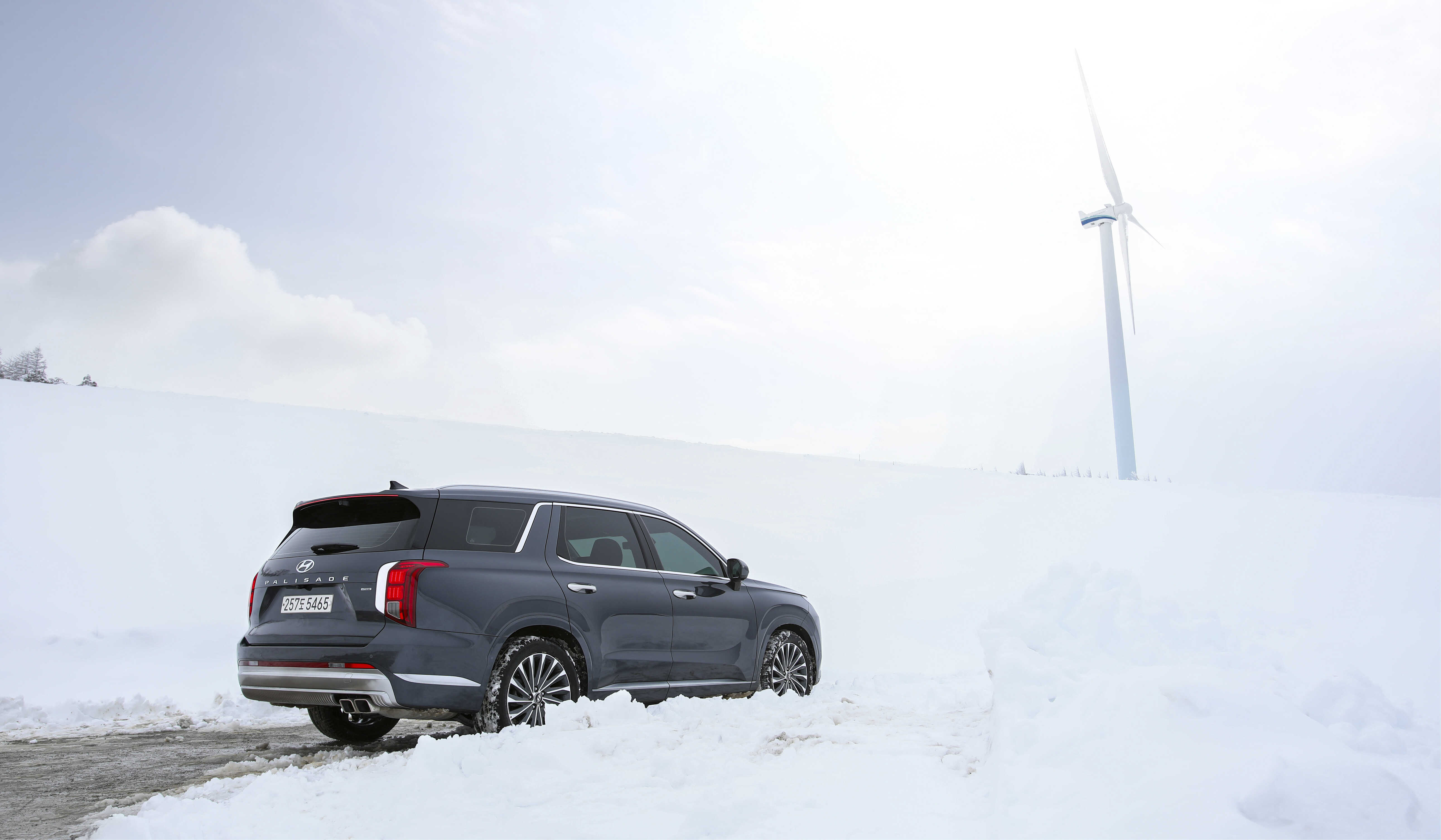 눈이 쌓인 산 정상에 오른 팰리세이드