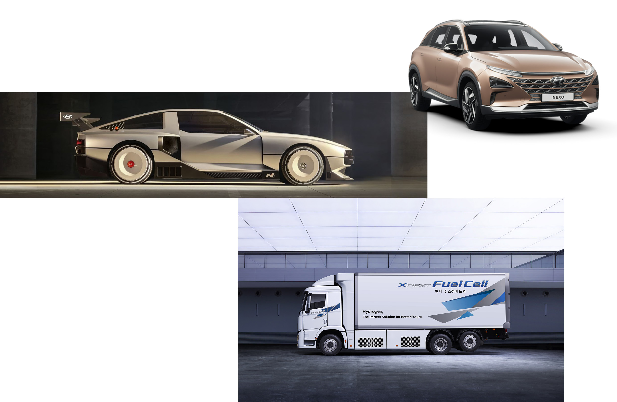 Nexo, Xcient Fuel Cell, and N Vision 74 concepts using Hyundai Motor Company’s hydrogen fuel cell technology