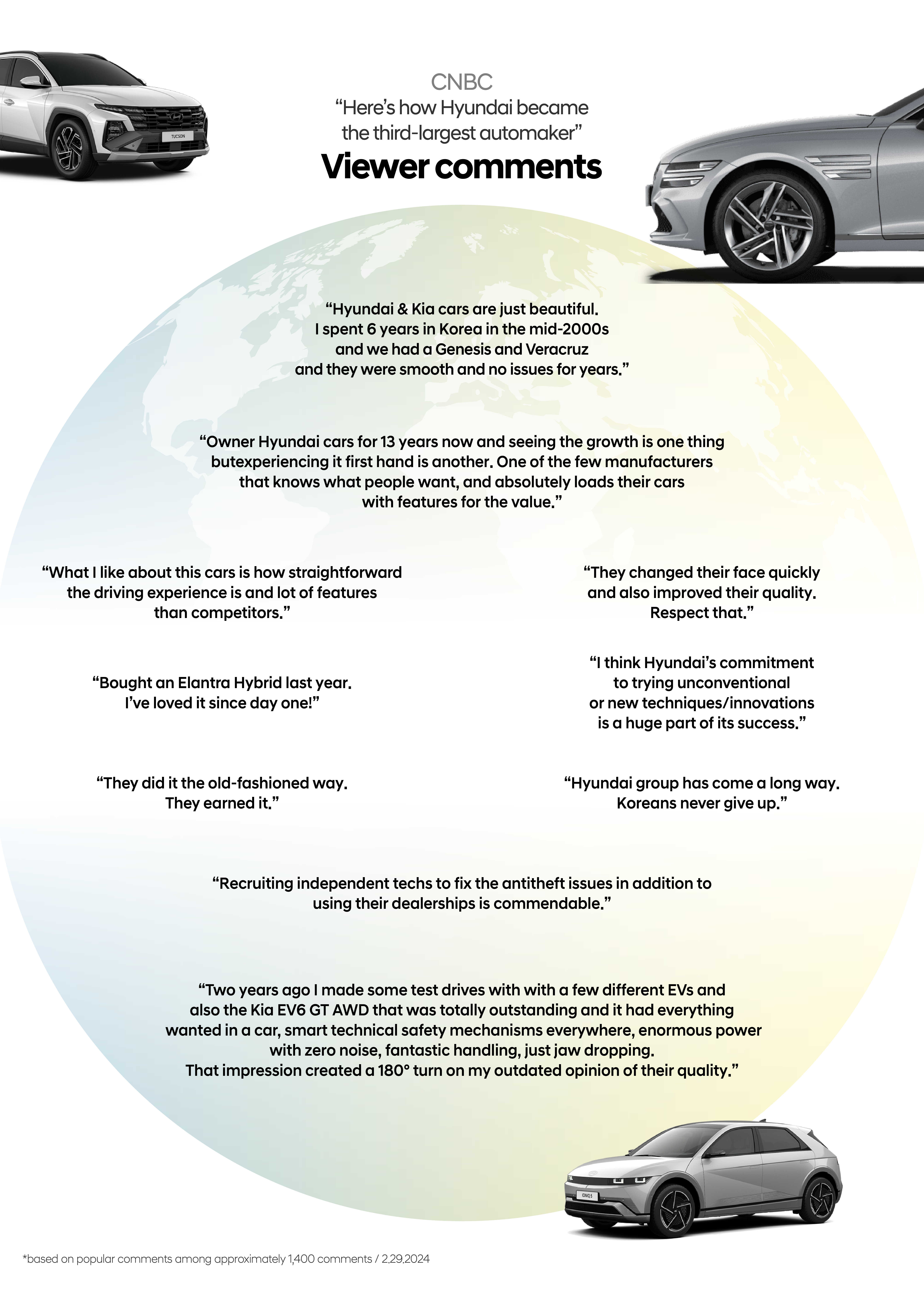 A table of popular comments from viewers on a YouTube video in which CNBC, an American economic broadcaster, analyzed Hyundai Motor Group's recent performance.