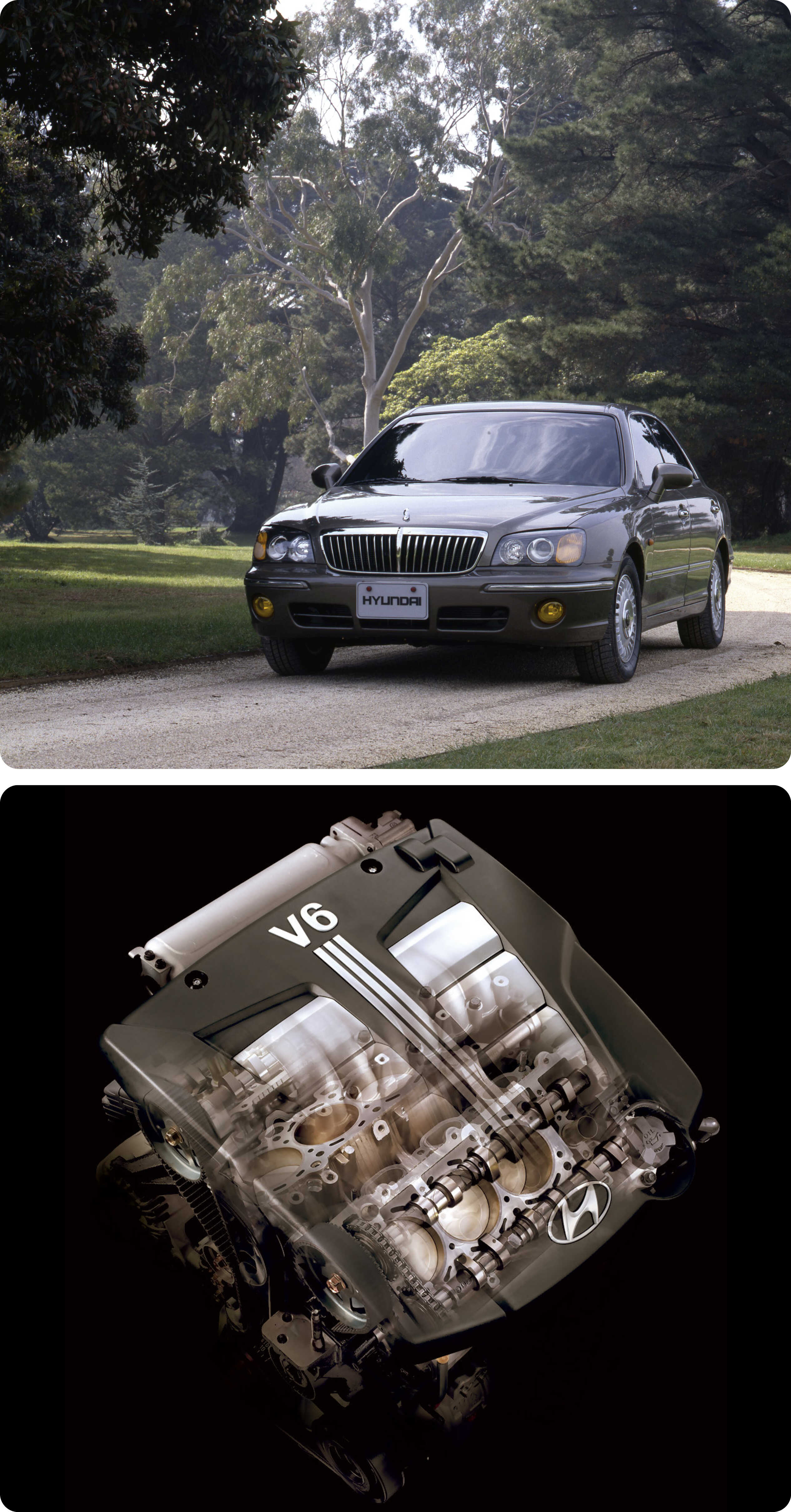 숲속에 정차한 세단의 전측면 모습과 6기통 엔진을 상단에서 바라본 모습
