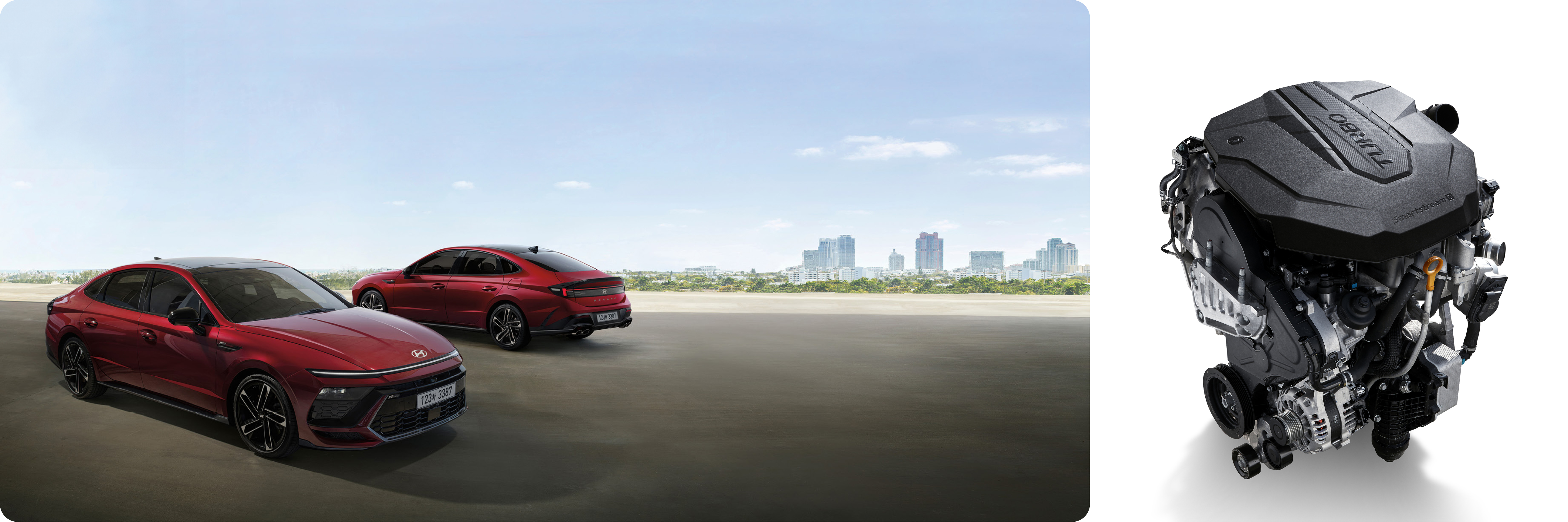 도시속 아스팔트 노면에 빨간색 승용차 앞/뒤로 나란히 정차한 모습과 4기통 엔진을 상단에서 비춘 모습