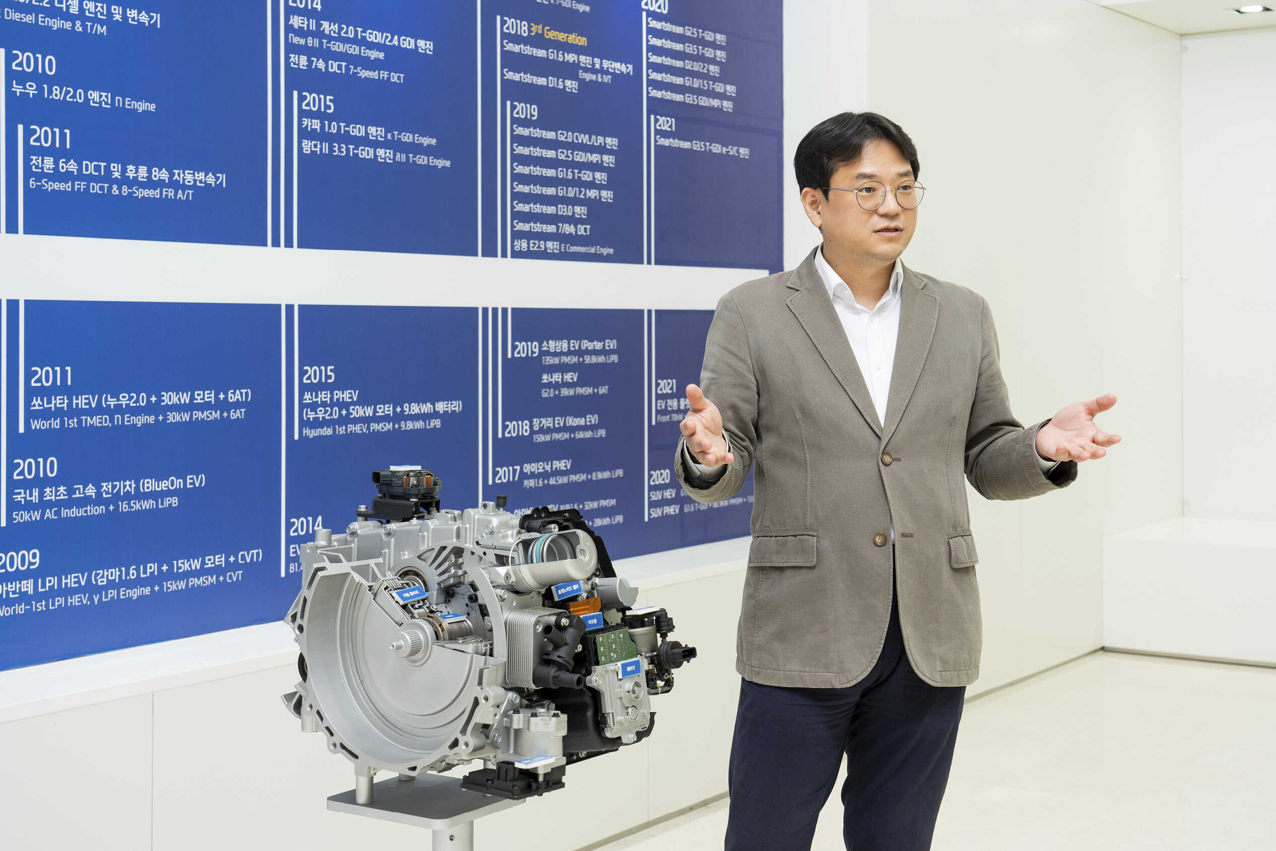 성인 남성이 변속기 옆에 서서 팔을 활짝 벌린 채 설명하는 모습