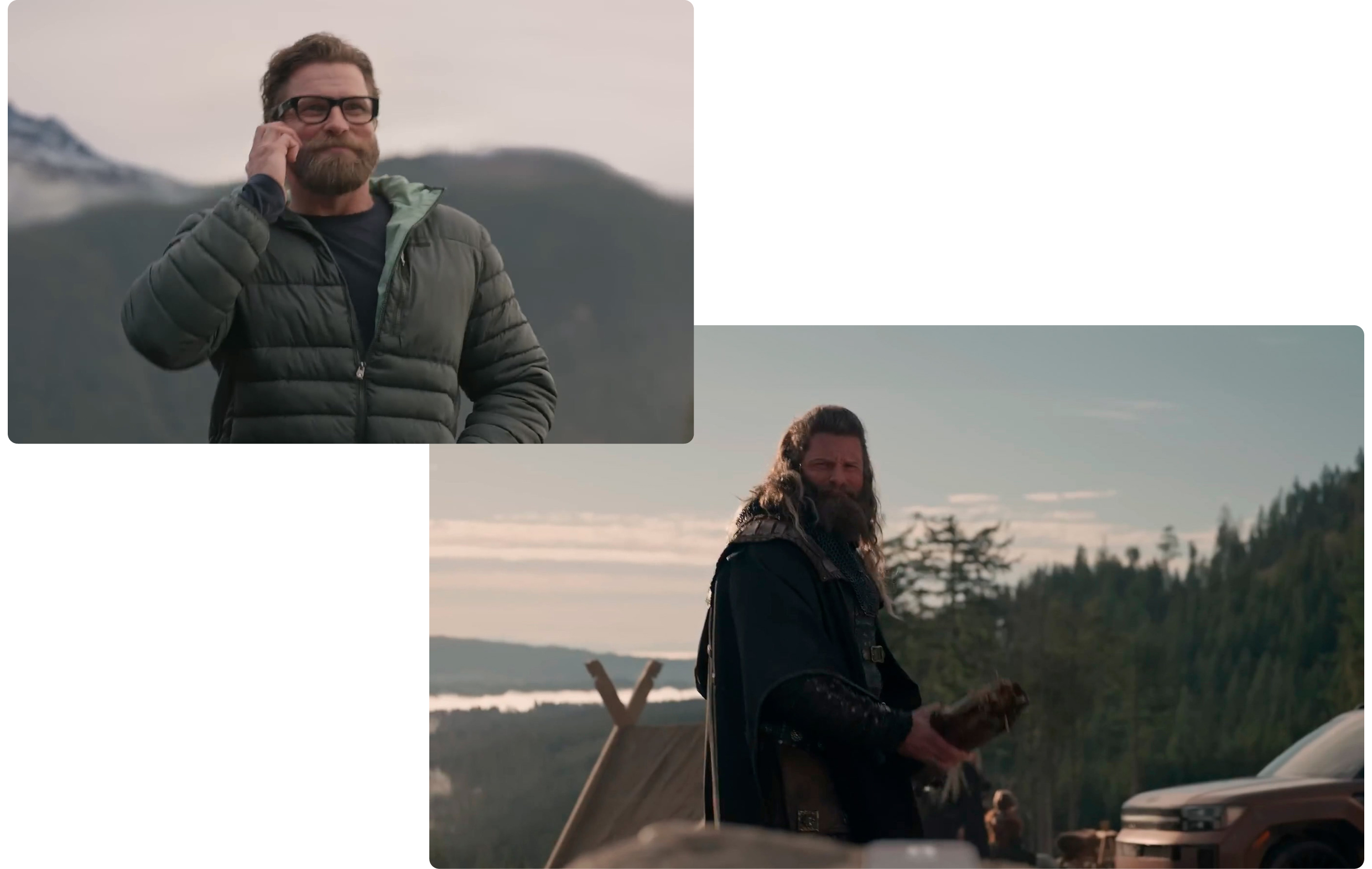 A man talking on the phone and another man with a bushy beard.