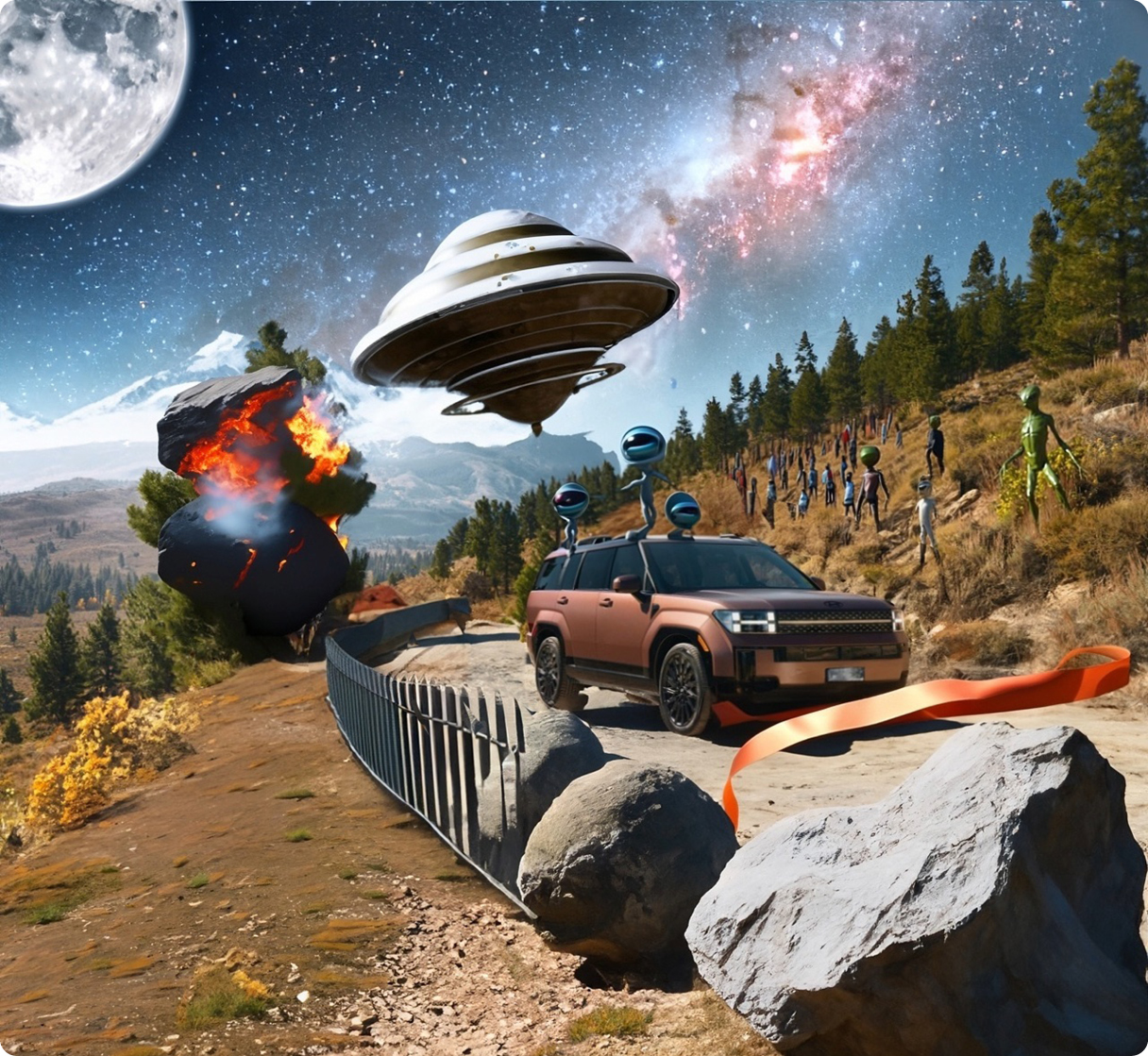 The image of a vehicle and an alien together.