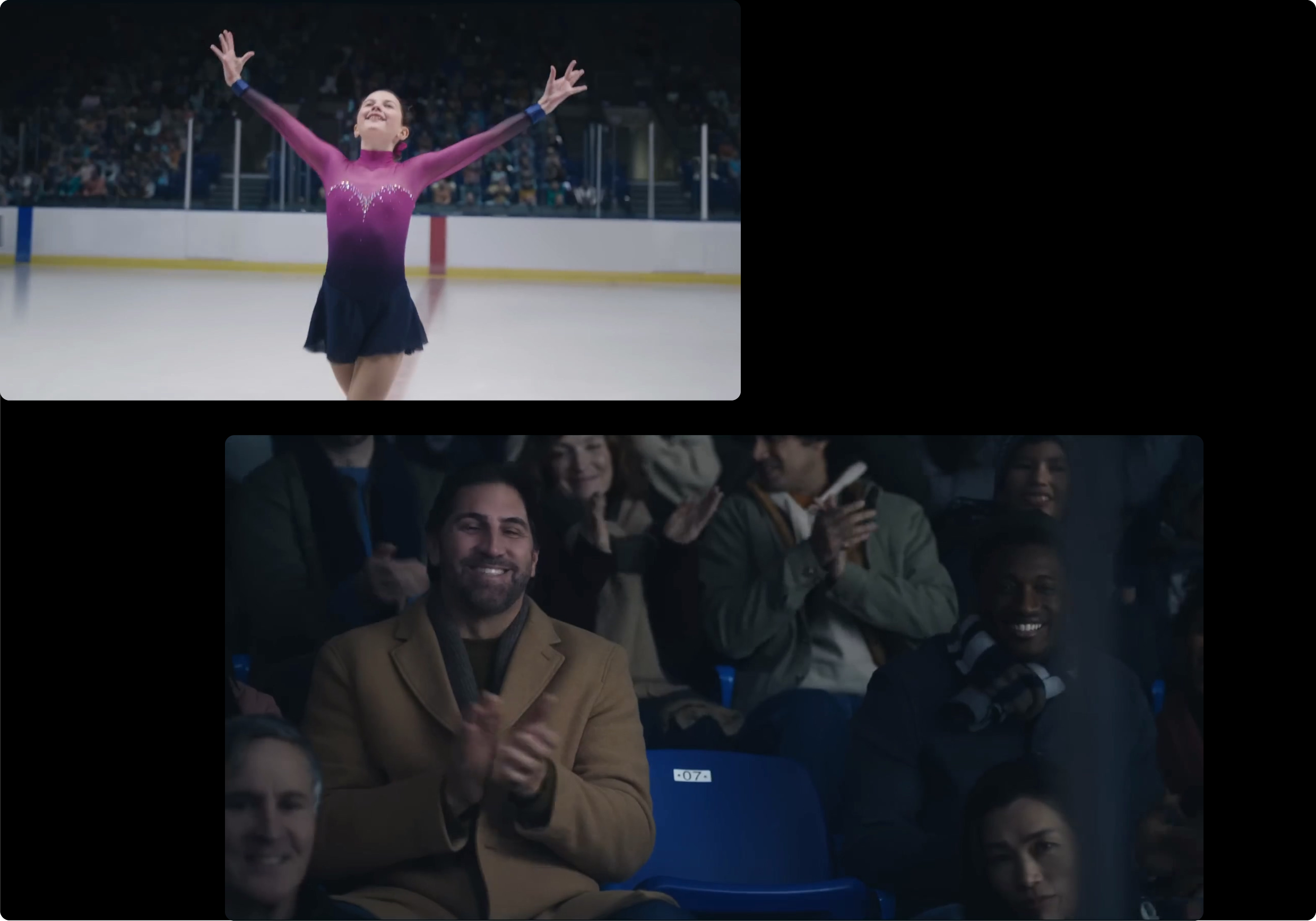 A father smiling as he watches his daughter who has completed figure skating.