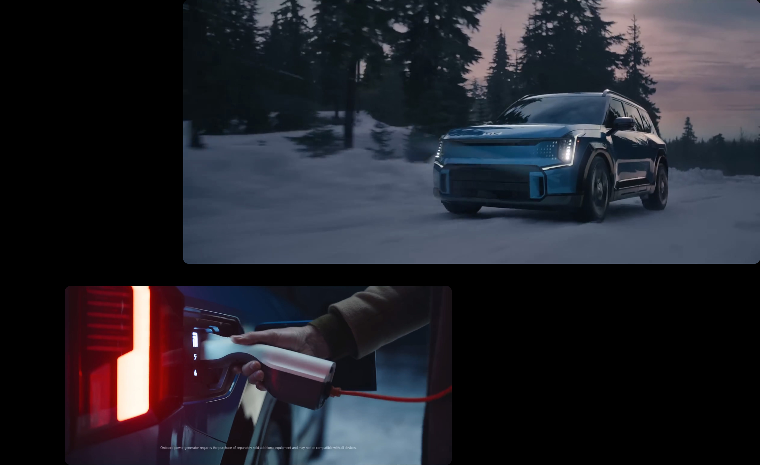 The car traversing the snowy road and the process of charging.