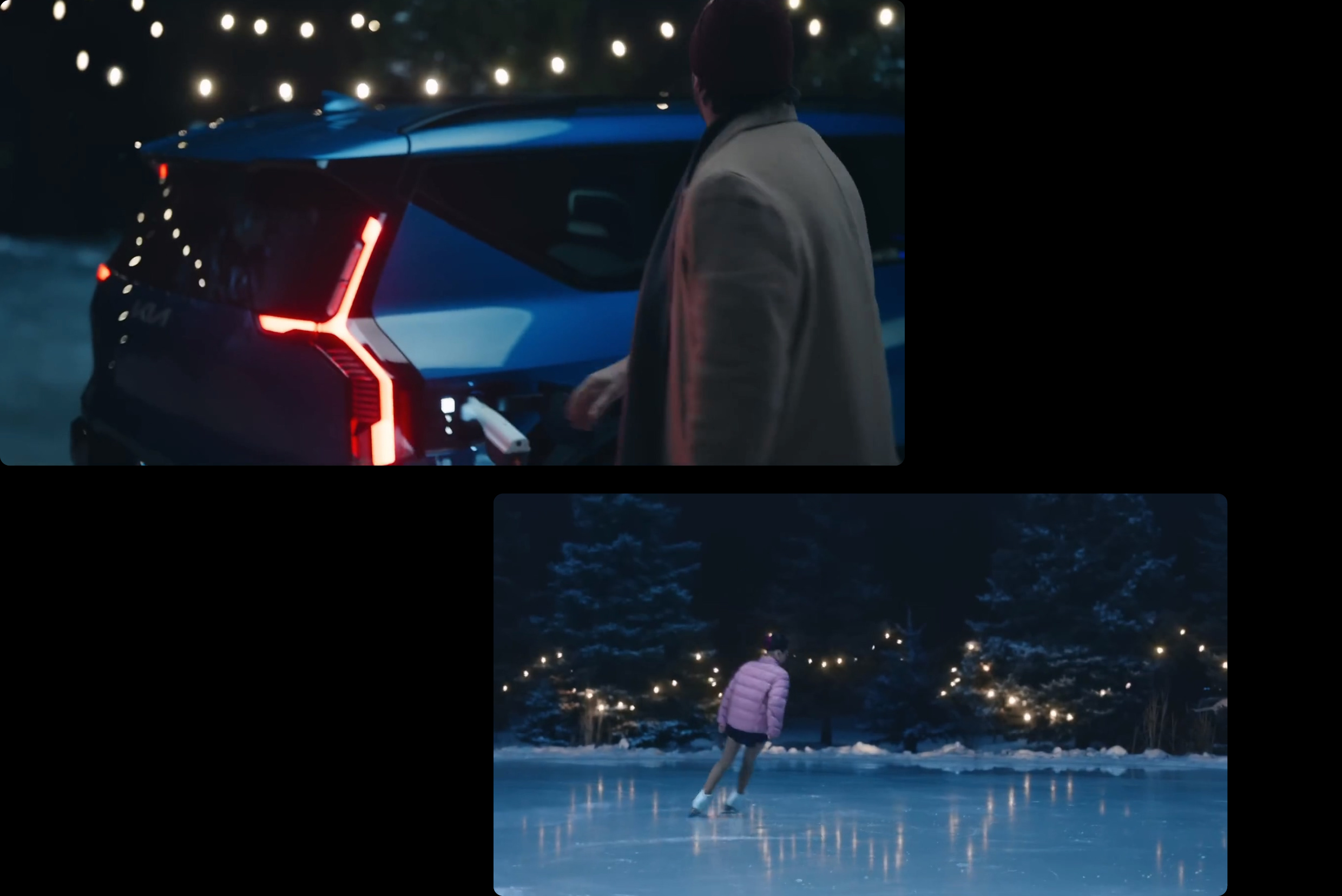 충전 플러그를 뽑으려는 남자와 빙판 위에서 스케이트를 타는 여자의 모습