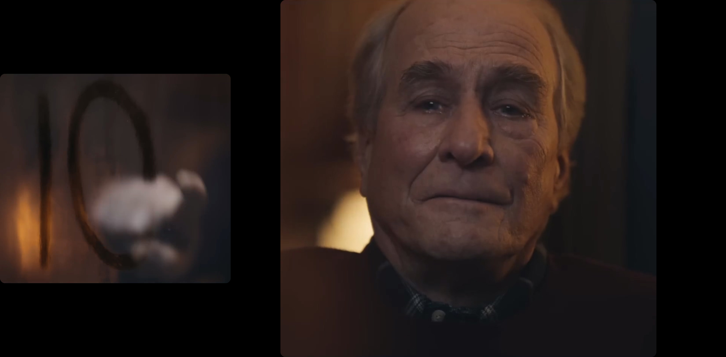 눈물을 흘리는 할아버지에 창문에 쓰여진 10이란 글씨