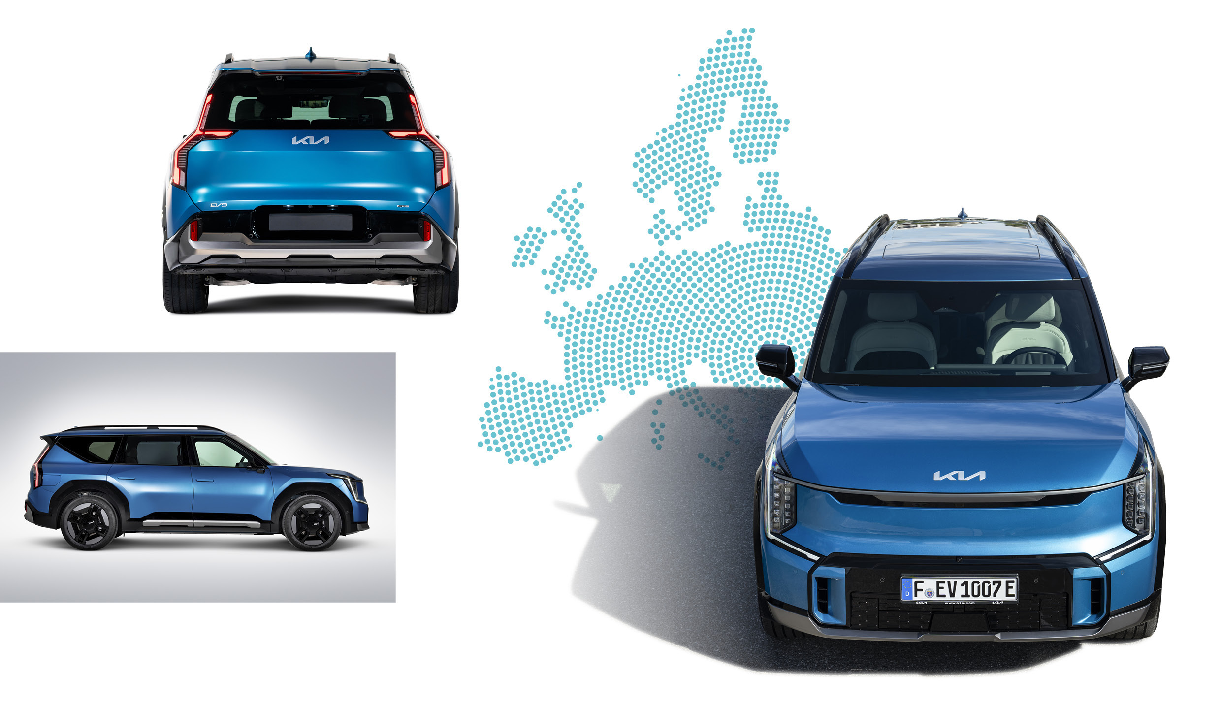기아 EV9의 전면, 측면, 후면 모습