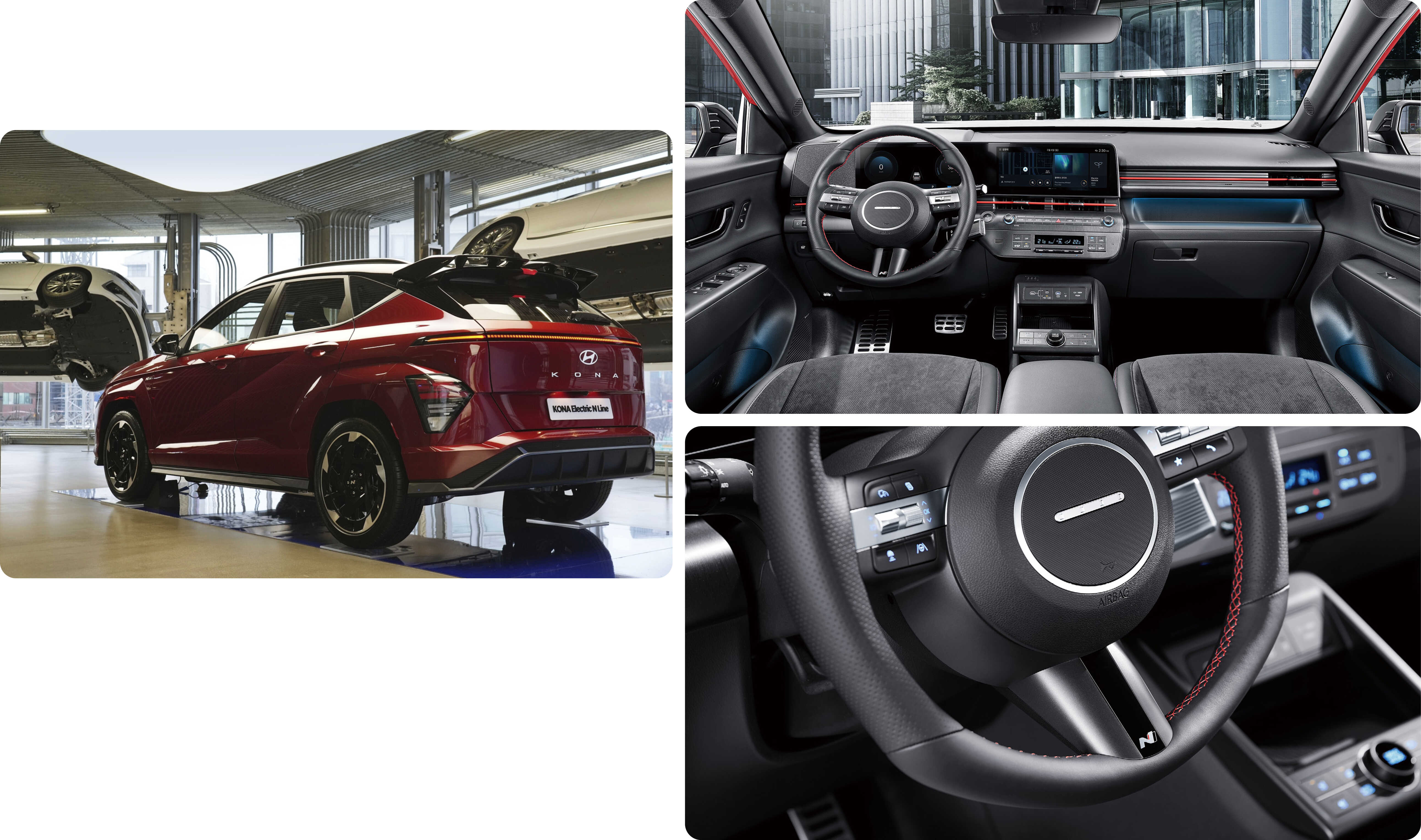 코나 일렉트릭 N 라인의 측후면과 실내, N 라인 전용 스티어링휠