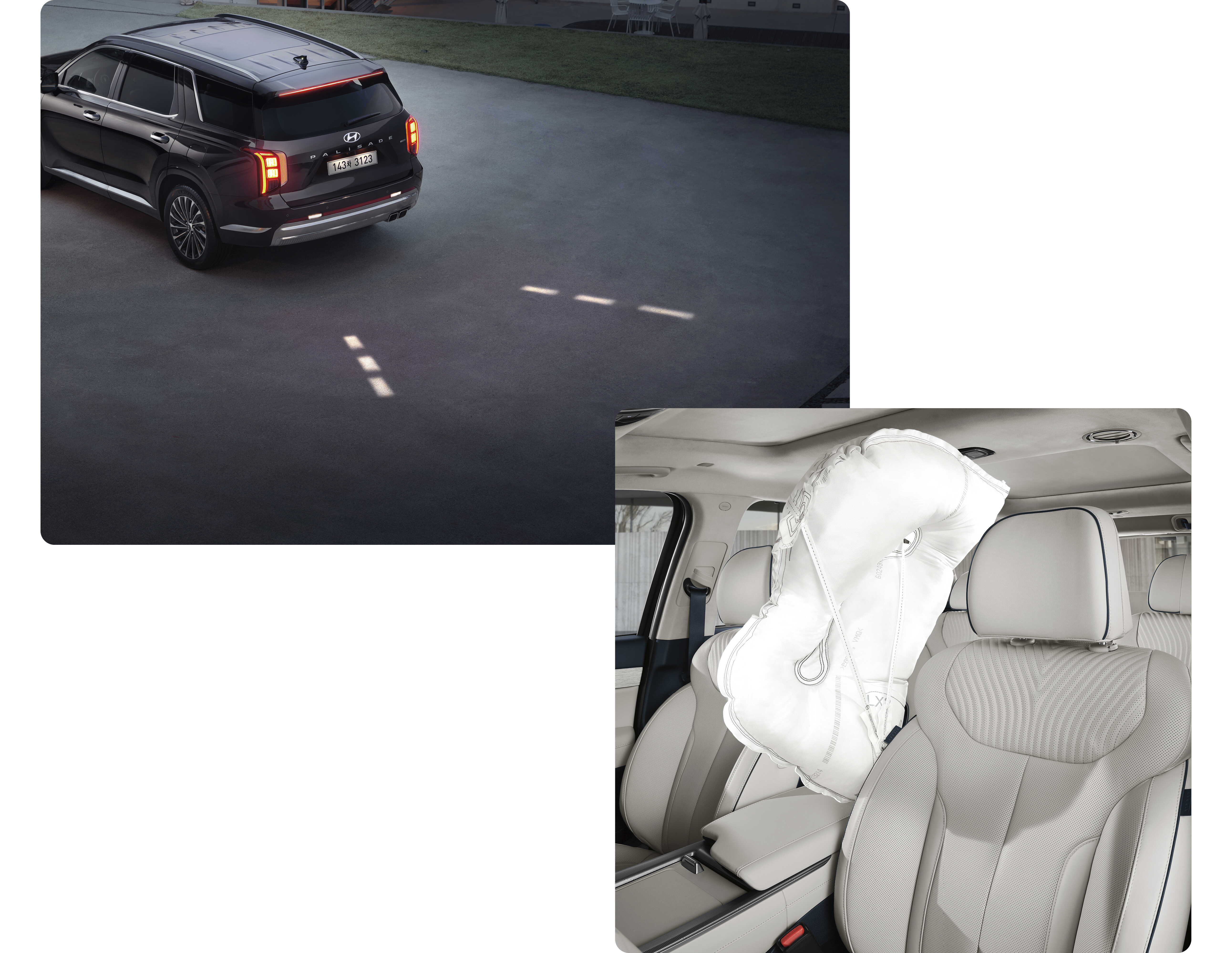 팰리세이드가 아스팔트 노면에서 후진에는 모습, 센터 사이드 에어백이 1열 사이에 전개된 모습