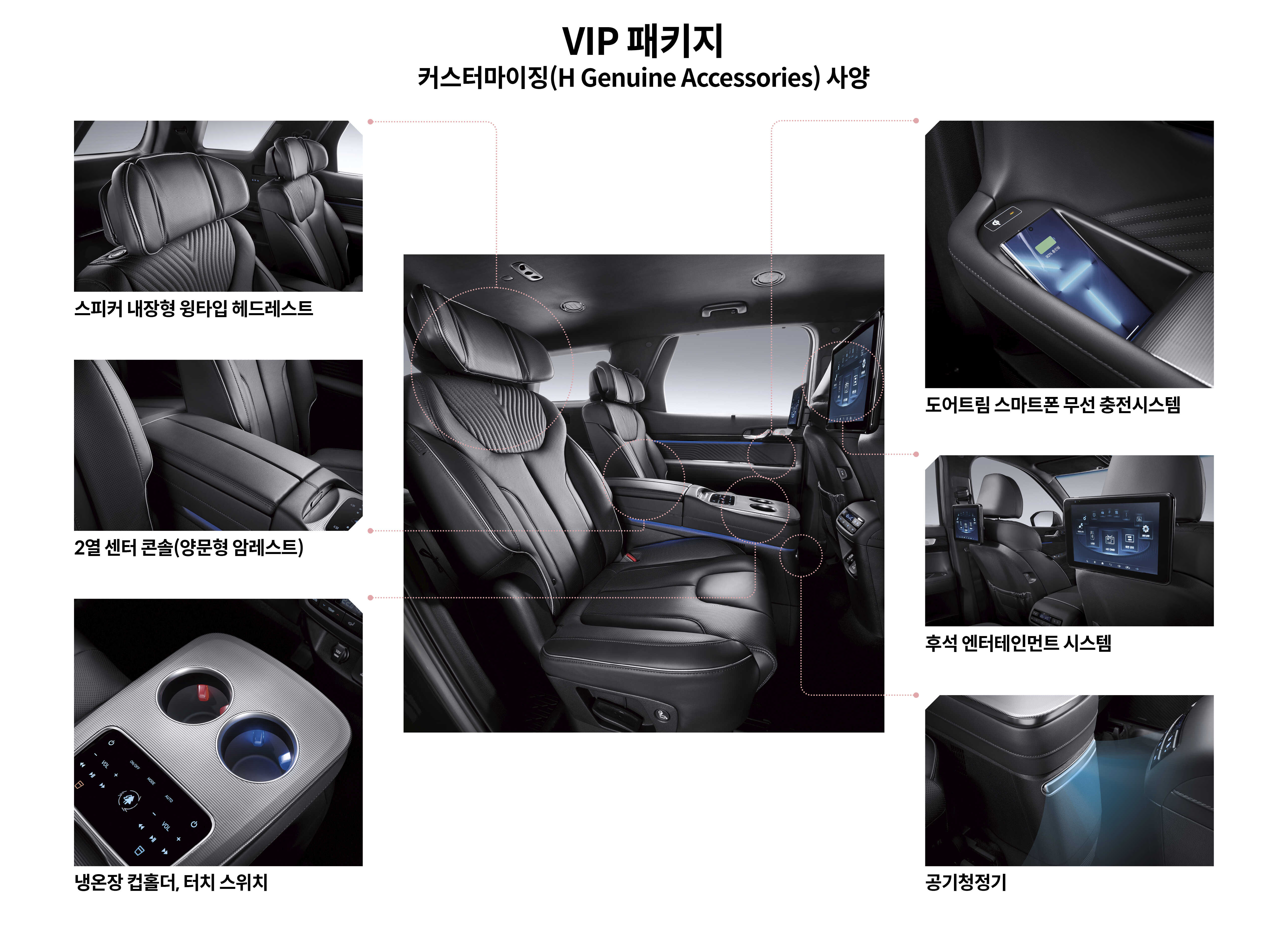 VIP 패키지 사양 정리한 이미지, 시계 방향으로 도어트림 스마트폰 무선 충전시스템, 후석 엔터테인먼트 시스템, 공기청정기, 냉온장 컵홀더 및 터치 스위치, 2열 센터 콘솔, 스피커 내장형 윙타입 헤드레스트 각 이미지가 배치된 모습