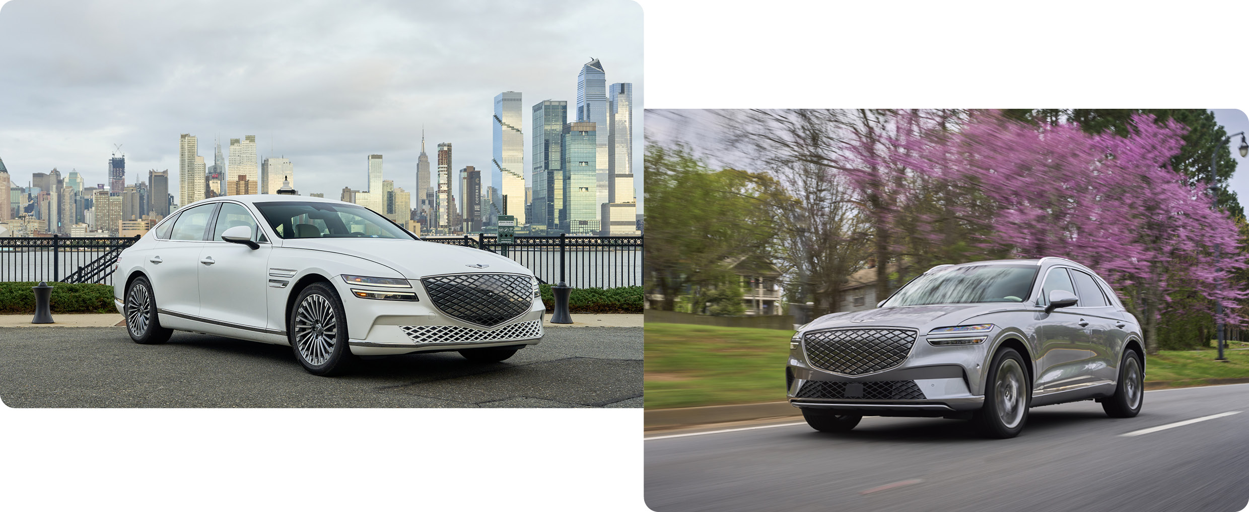 제네시스 G80 전동화 모델과 GV70 전동화 모델의 모습