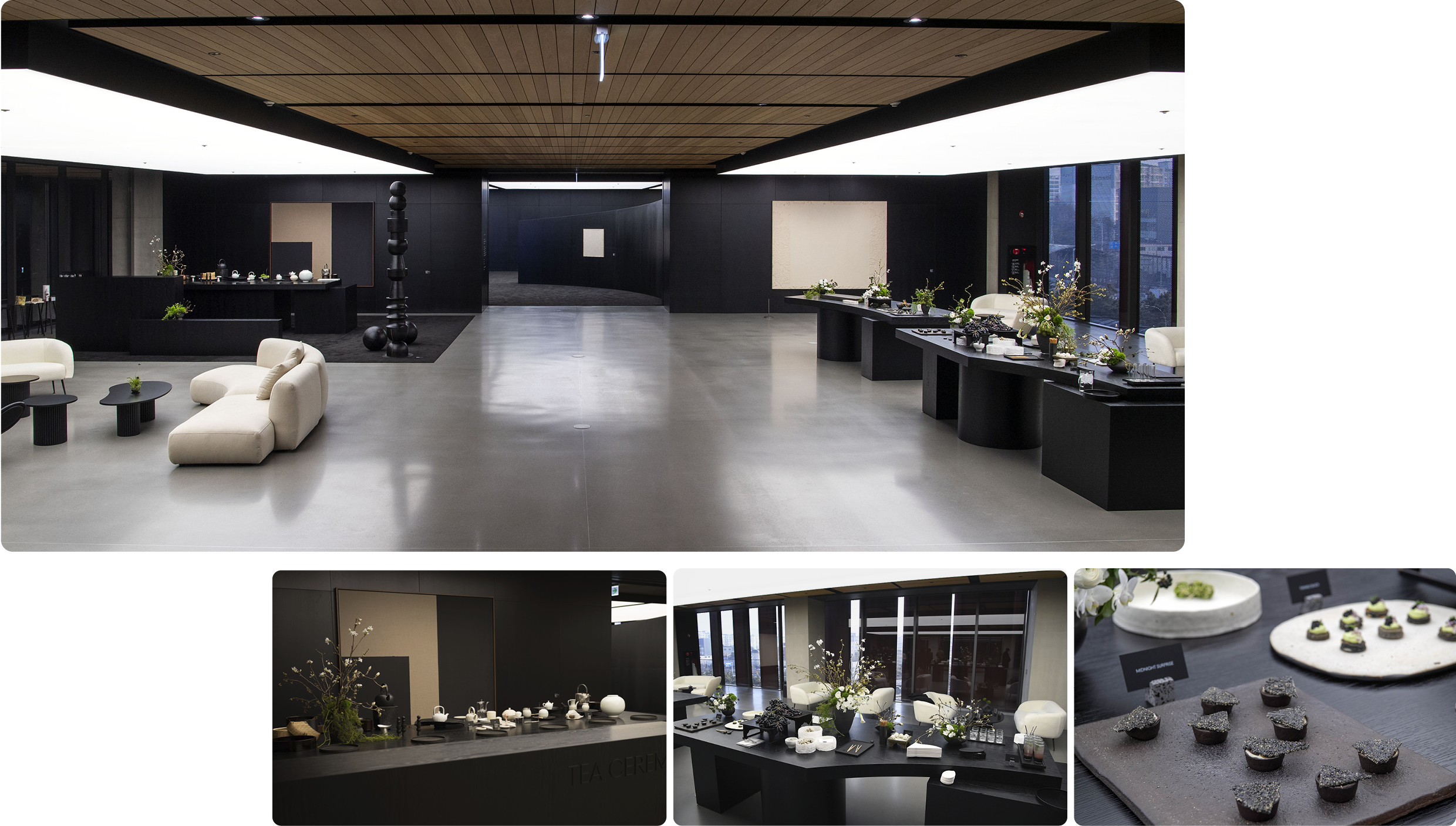 검은색을 테마로 꾸며진 제네시스 수지 라운지와 핑거푸드 공간