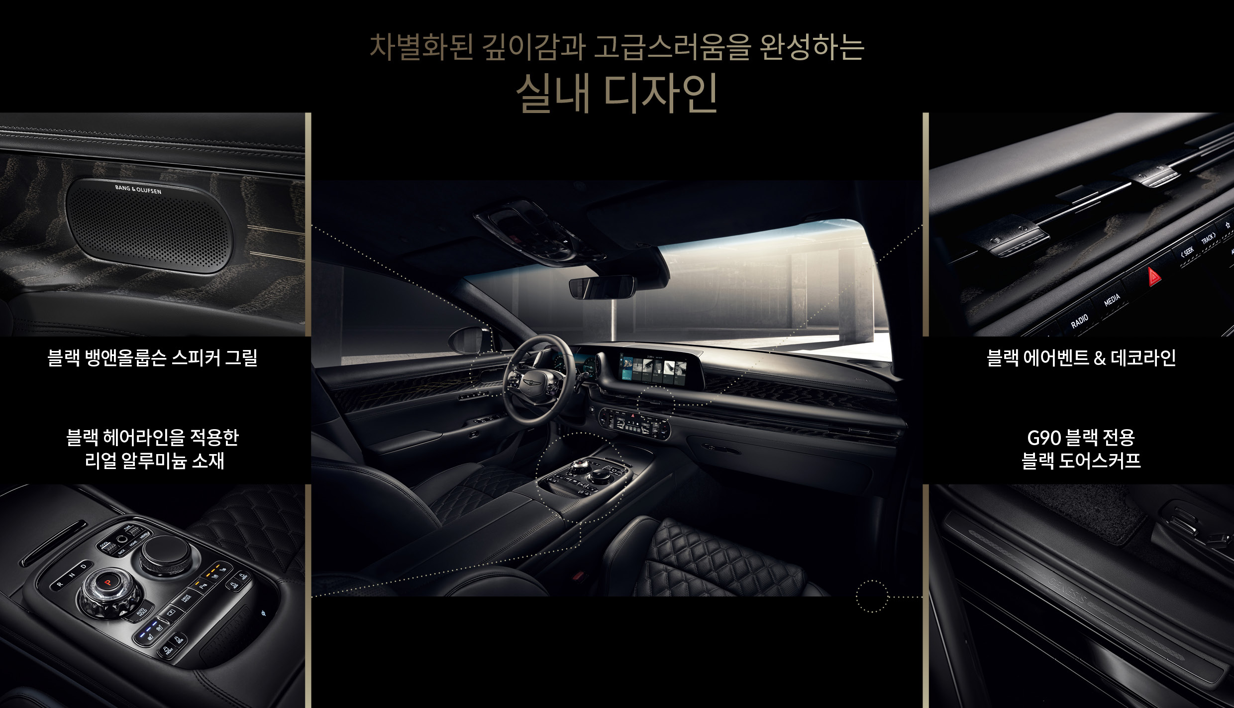 G90 블랙 실내에 적용된 디자인 요소를 보여주는 인포그래픽