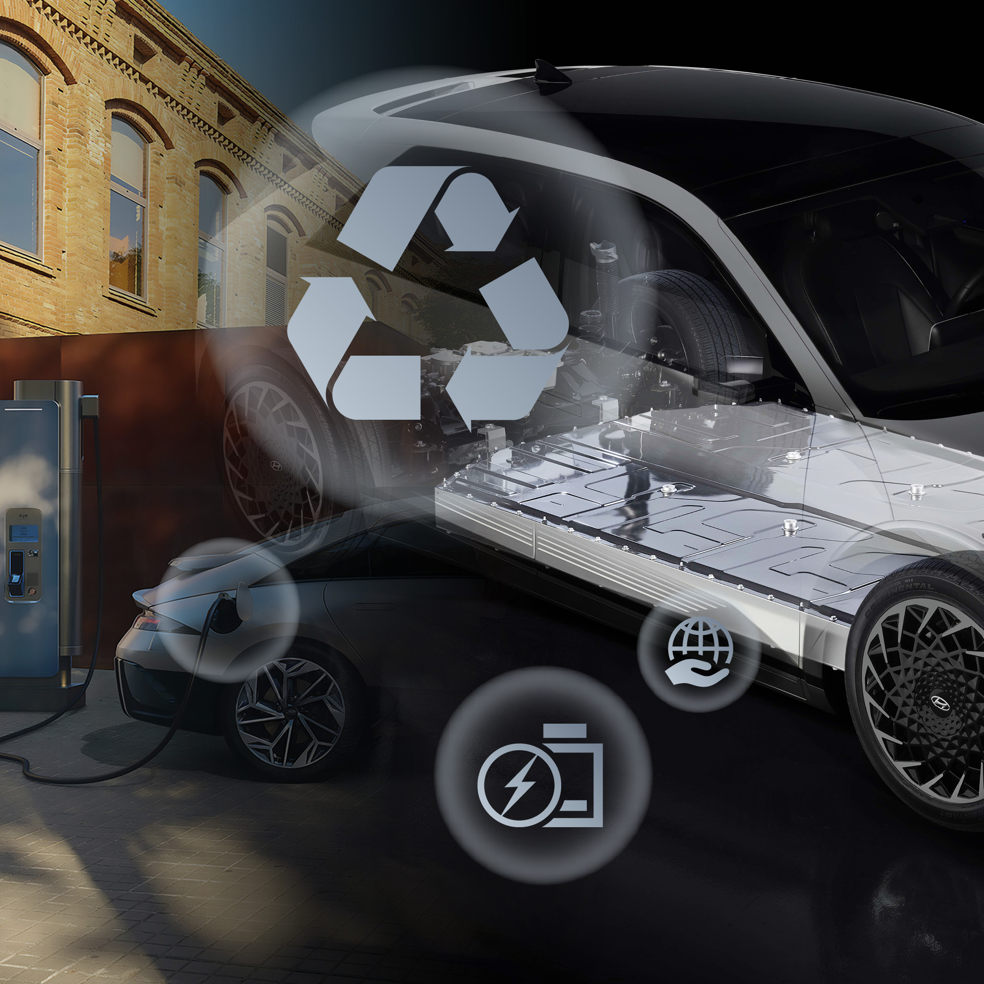 전기차를 충전하는 사람과 투명하여 안쪽 배터리가 보이는 아이오닉 5의 모습