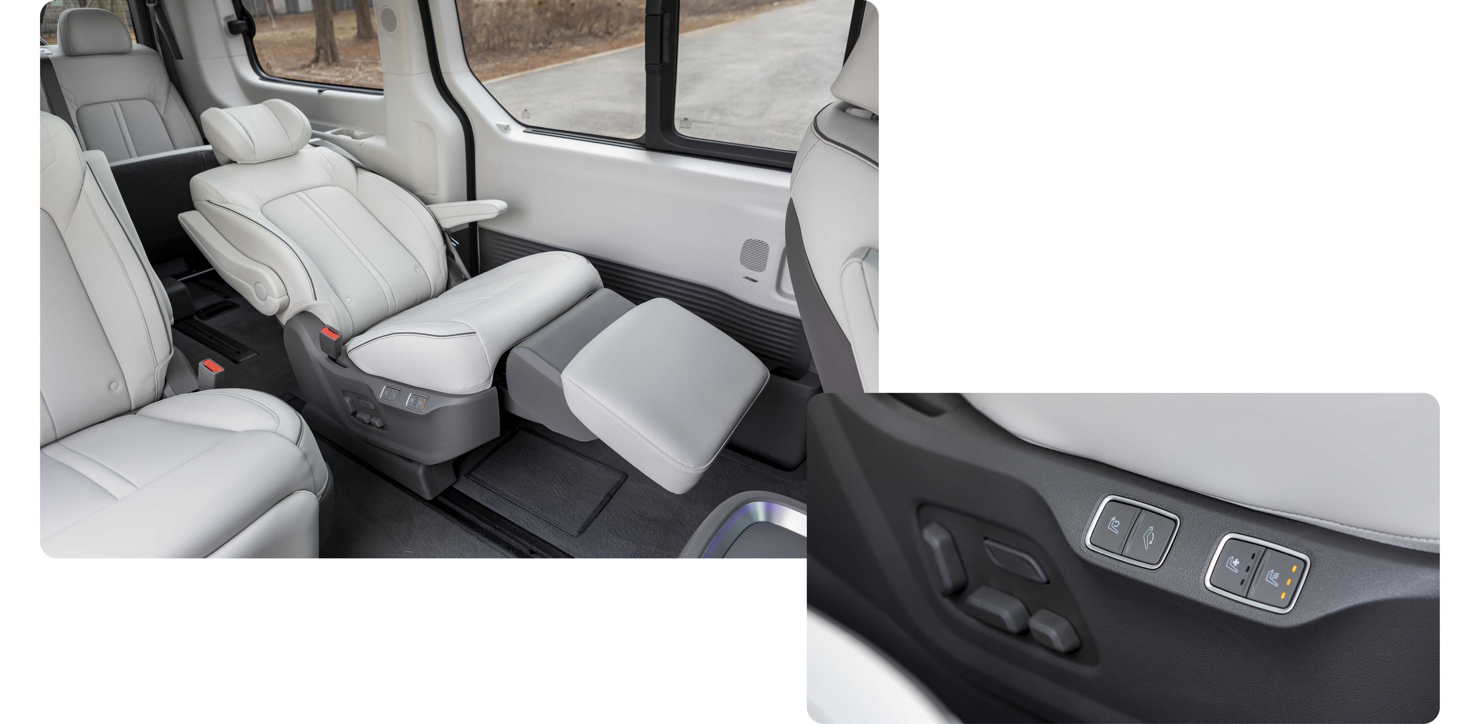 2열 시트 리클라이닝 기능을 시연한 모습 및 시트 측면부 버튼을 내려다본 모습