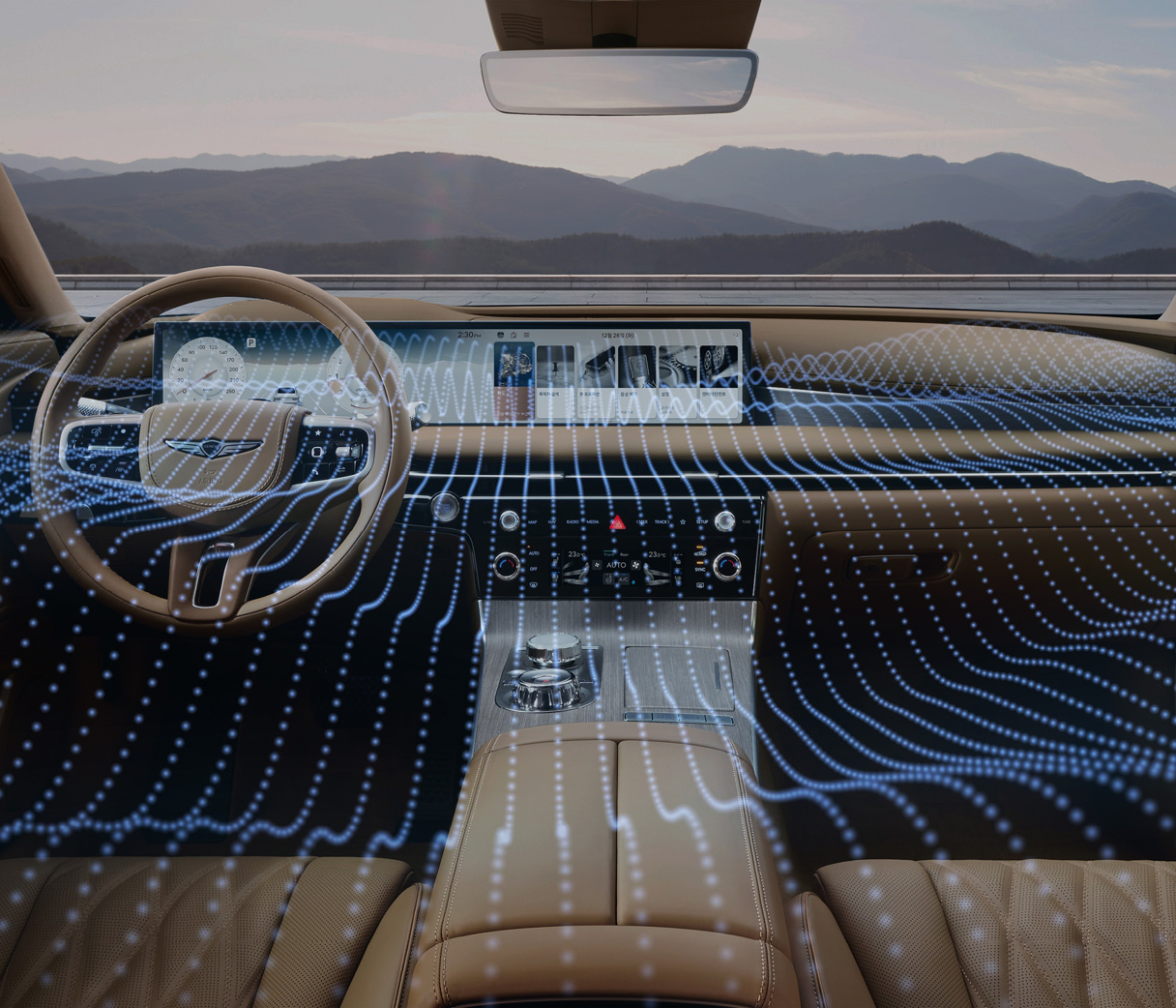 제네시스 G80의 실내 공간의 소음 제어를 표현한 이미지