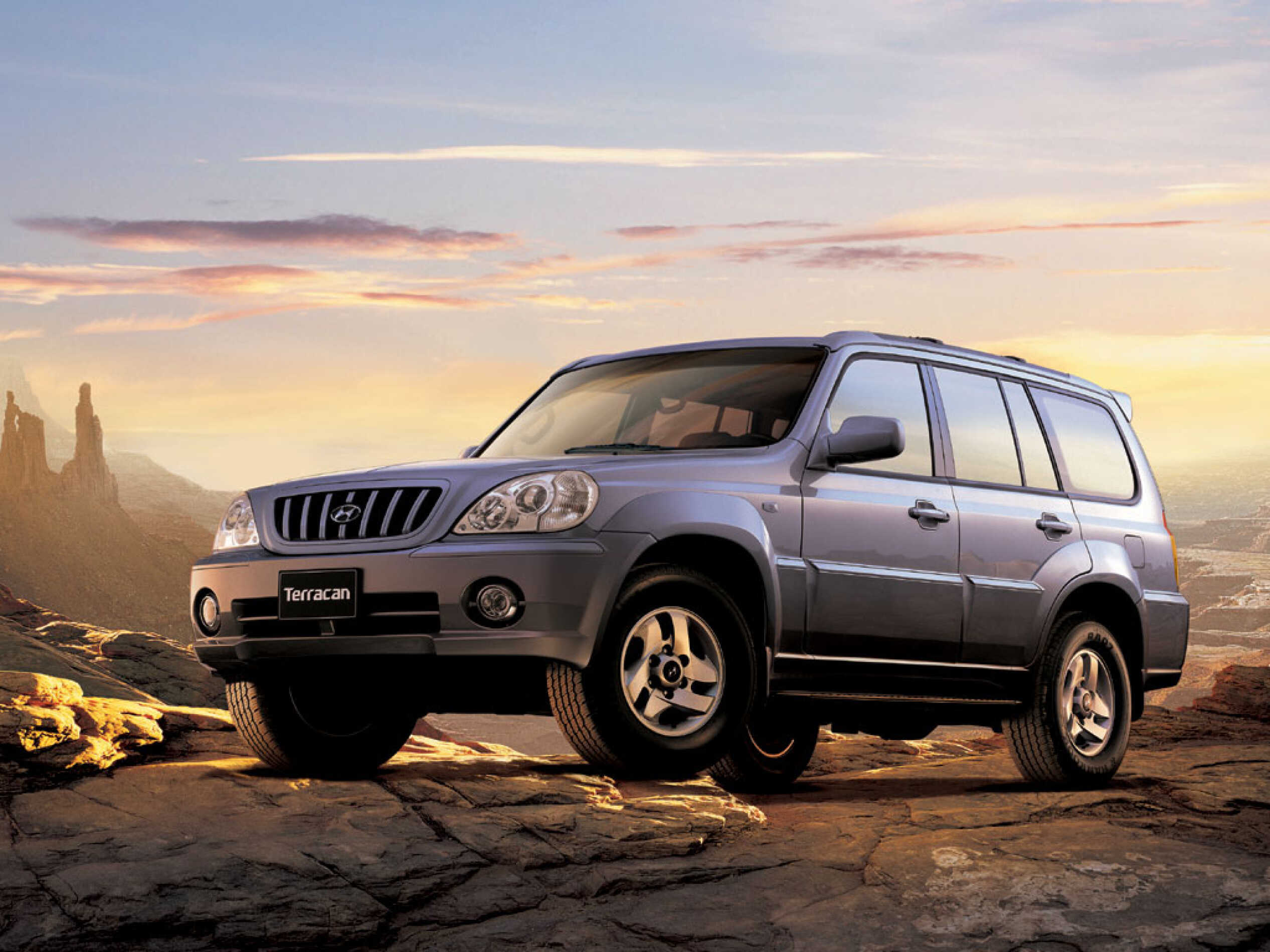 산 정상에 오른 은색 SUV의 전측면 모습