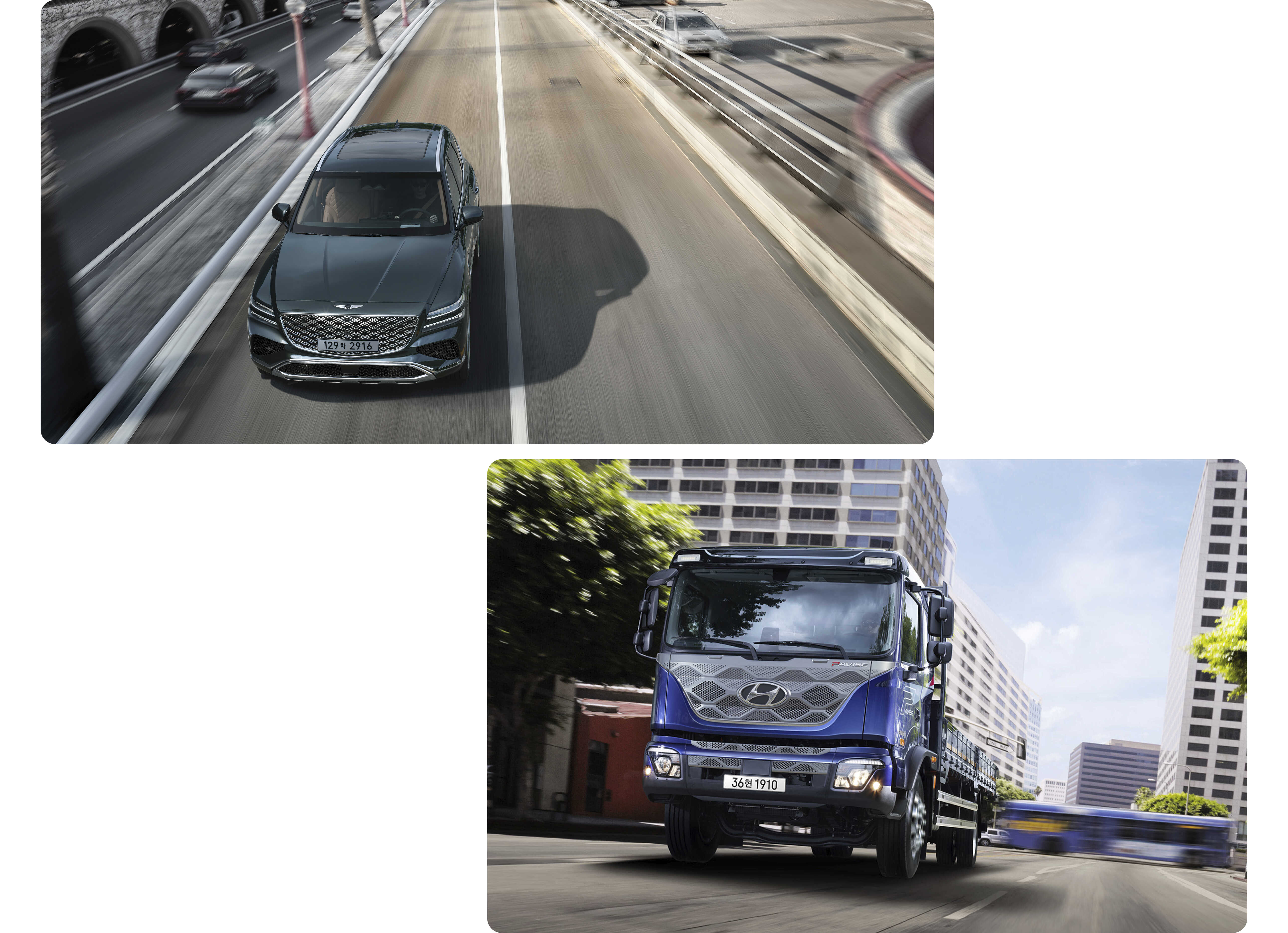 녹색 고급 SUV가 시내 도로를 주행하는 정면 모습, 파란색 대형 트럭이 시내 도로를 주행하는 정측면 모습