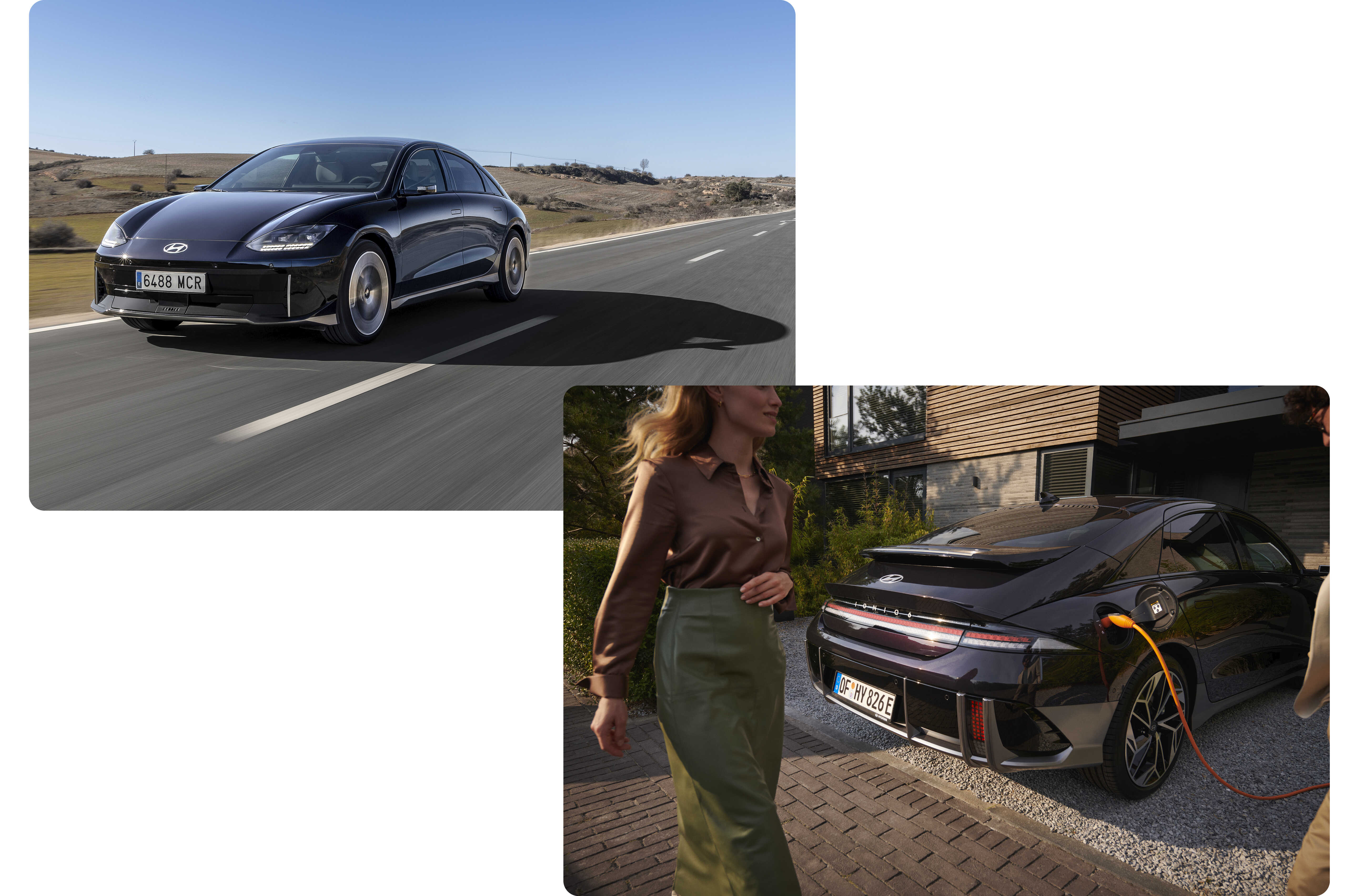 검은색 아이오닉 6가 도로를 주행하는 모습과 차량의 뒤를 지나가는 여인의 모습