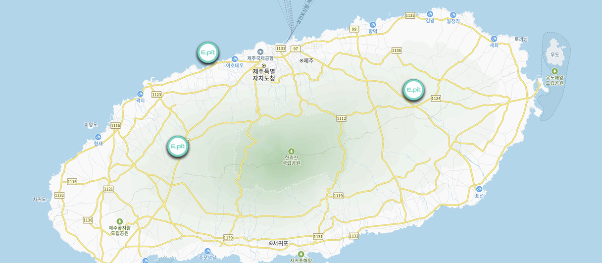 제주도에 구축된 현대자동차그룹 초급속 충전 네트워크 E-pit의 지점 위치
