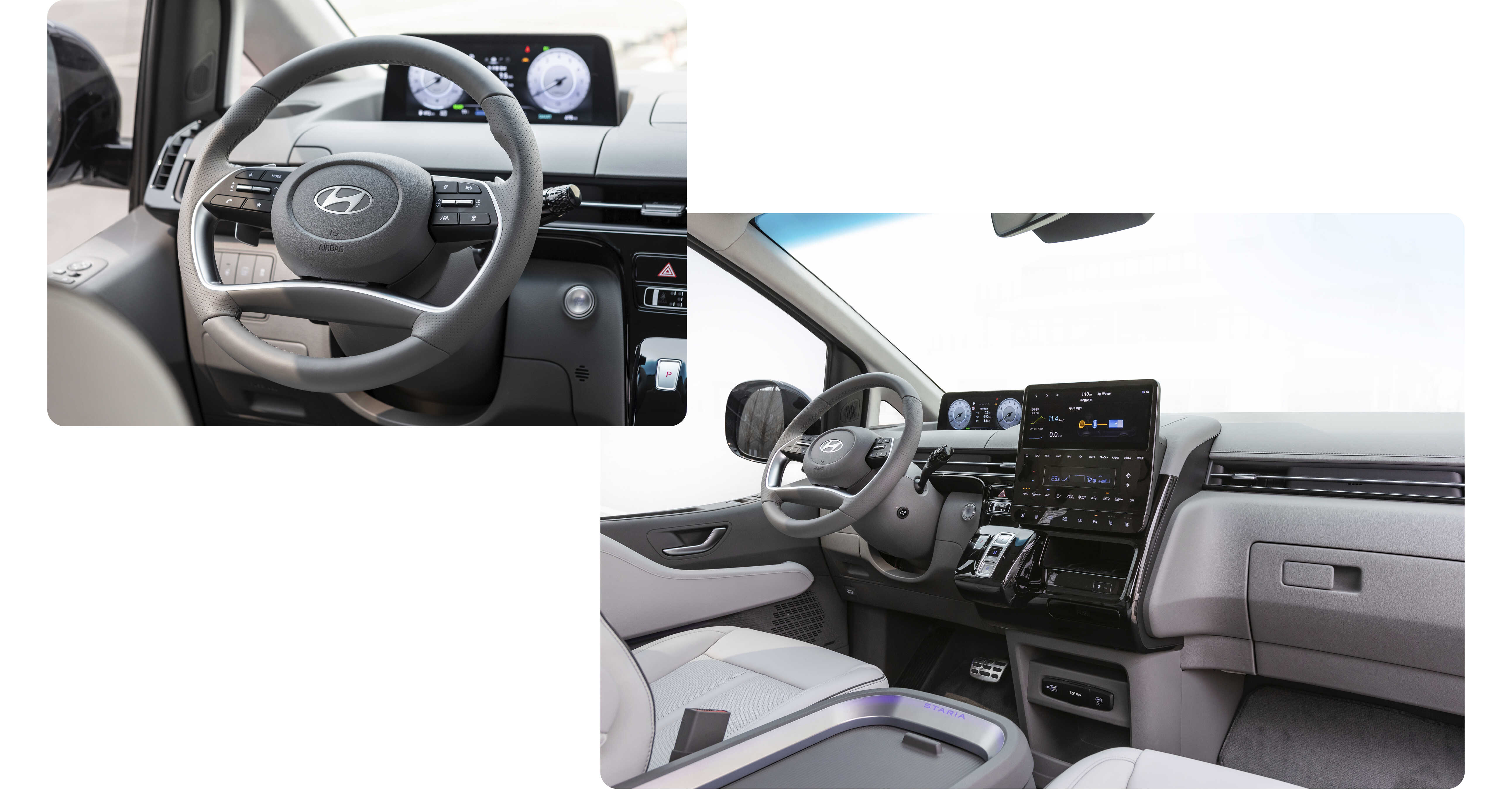 First row crush pad and steering wheel view of the Staria 1.6 turbo hybrid from the passenger's side