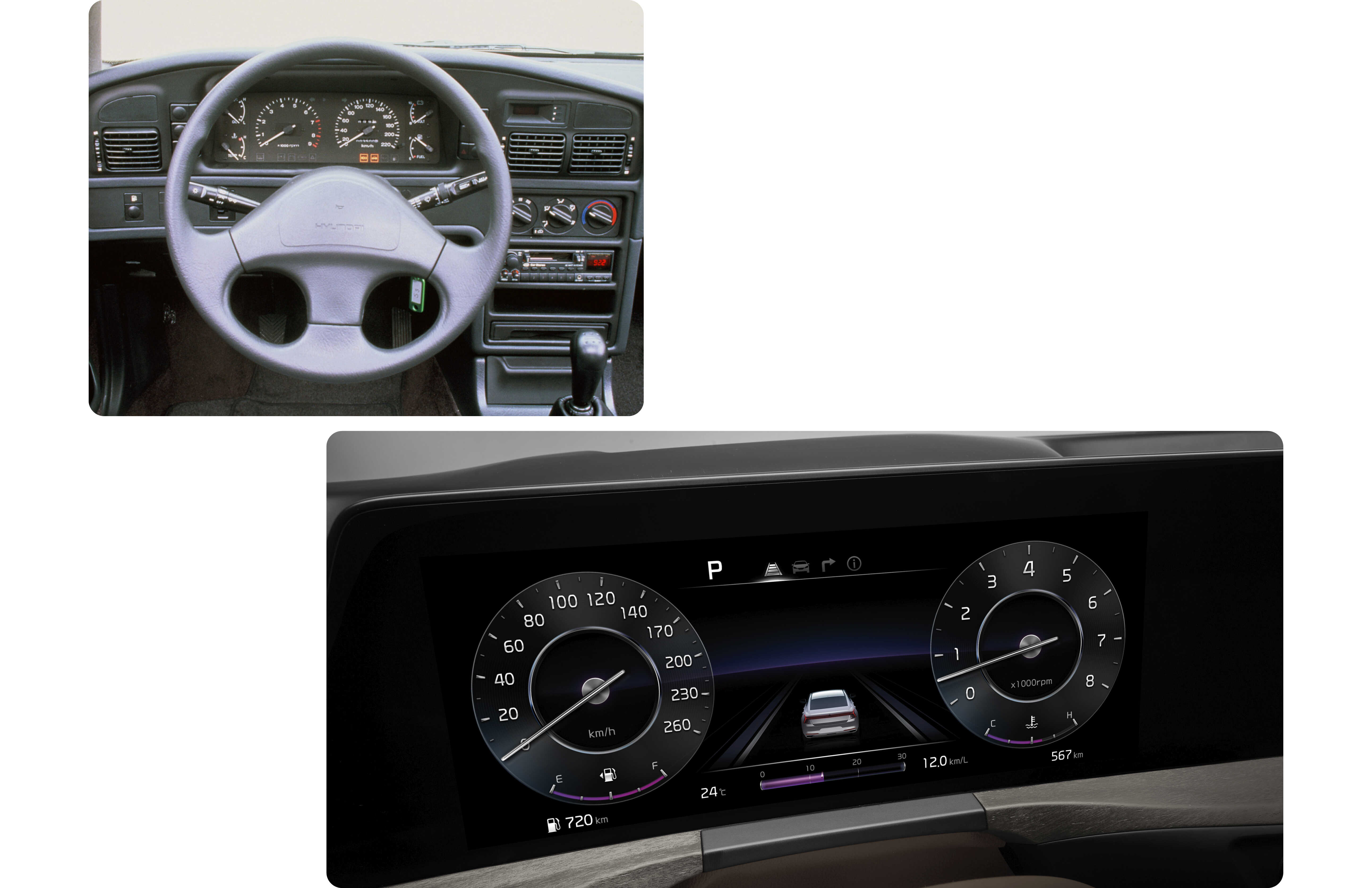 자동차 계기판의 과거와 현재를 보여주는 사진