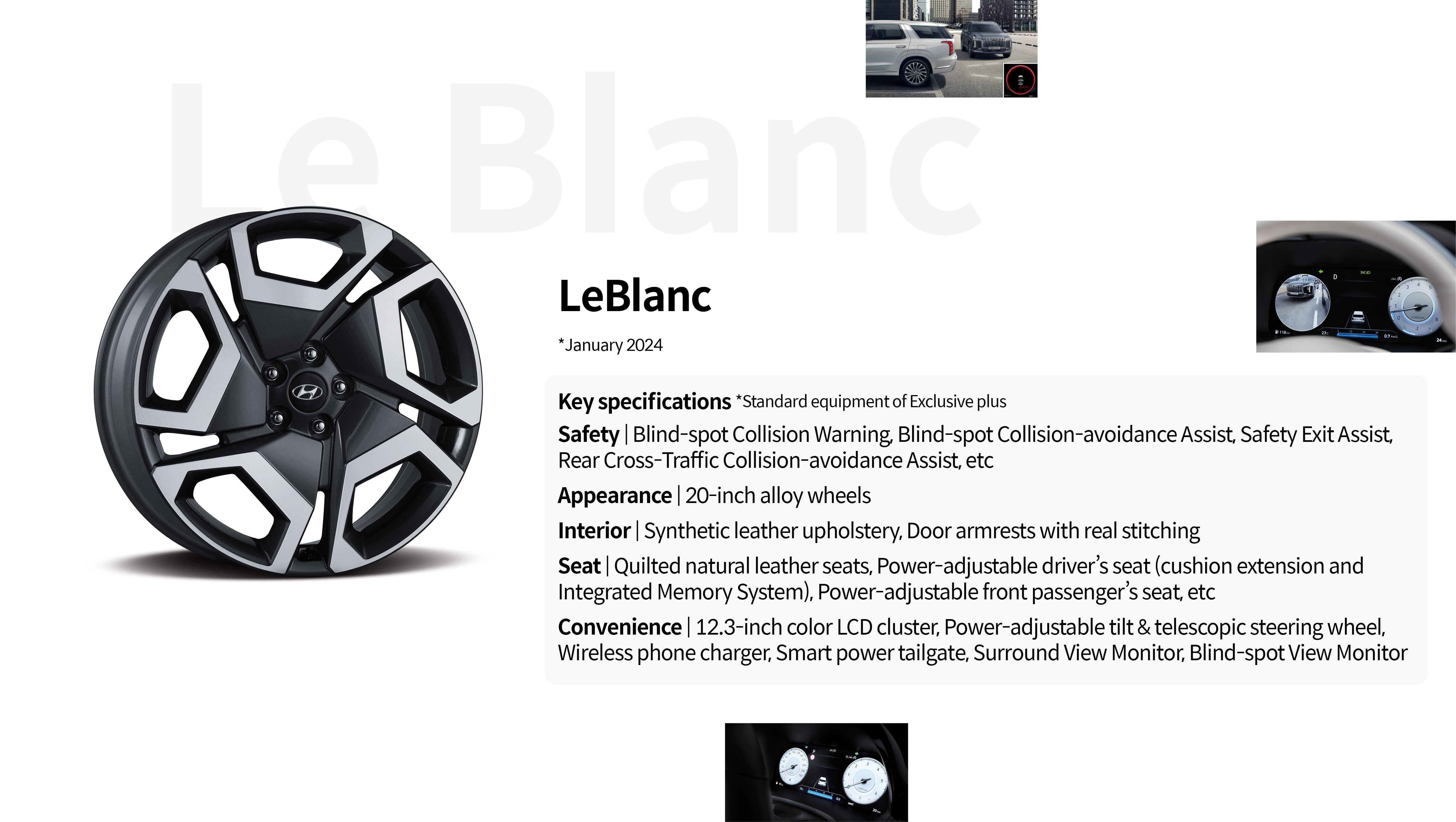 LeBlanc Key Specifications Safety, Appearance, Interior, Seat, Convenience Specification List