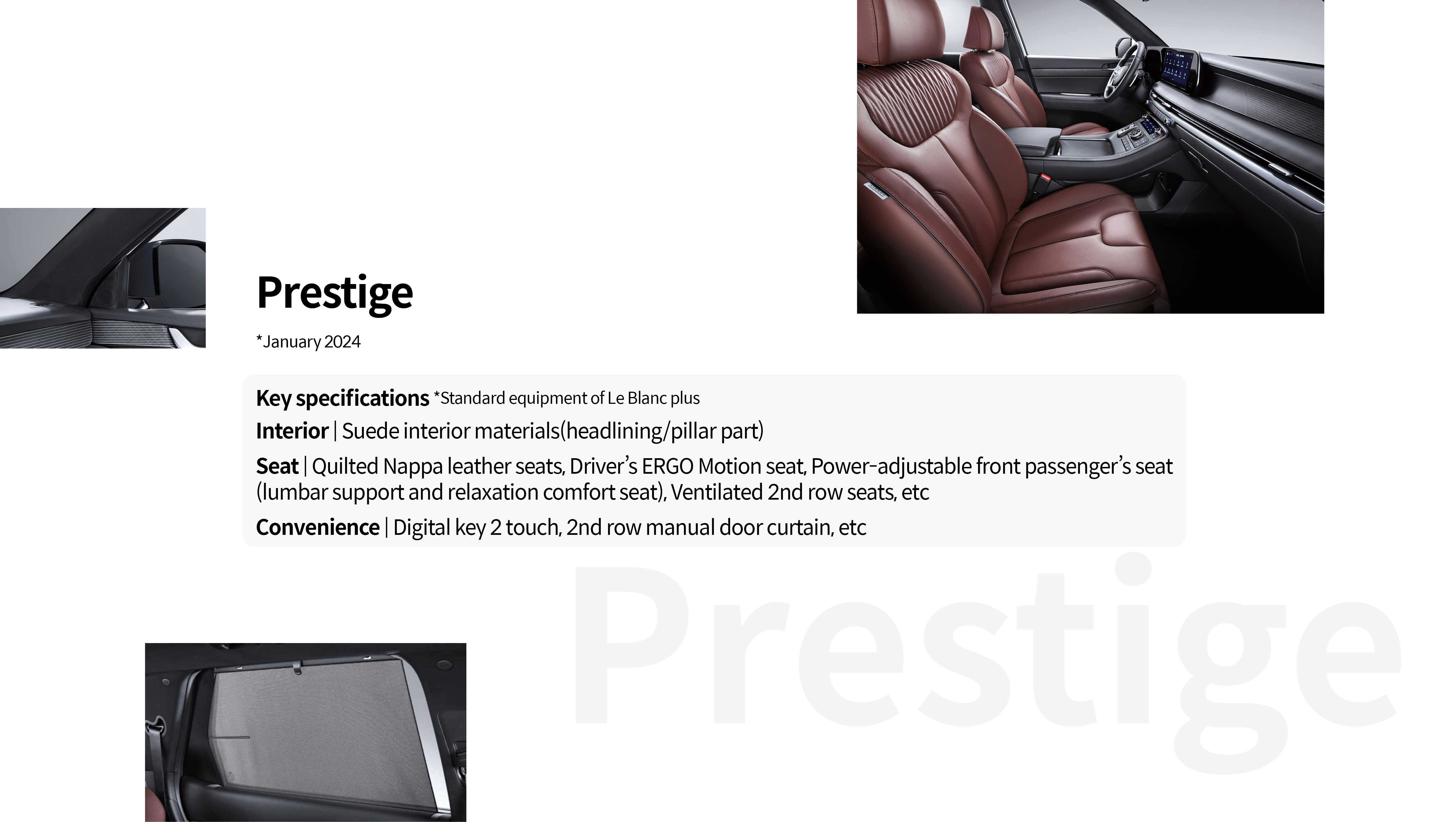 Prestige Key Specifications Built-in, Seat, Convenience Specification List