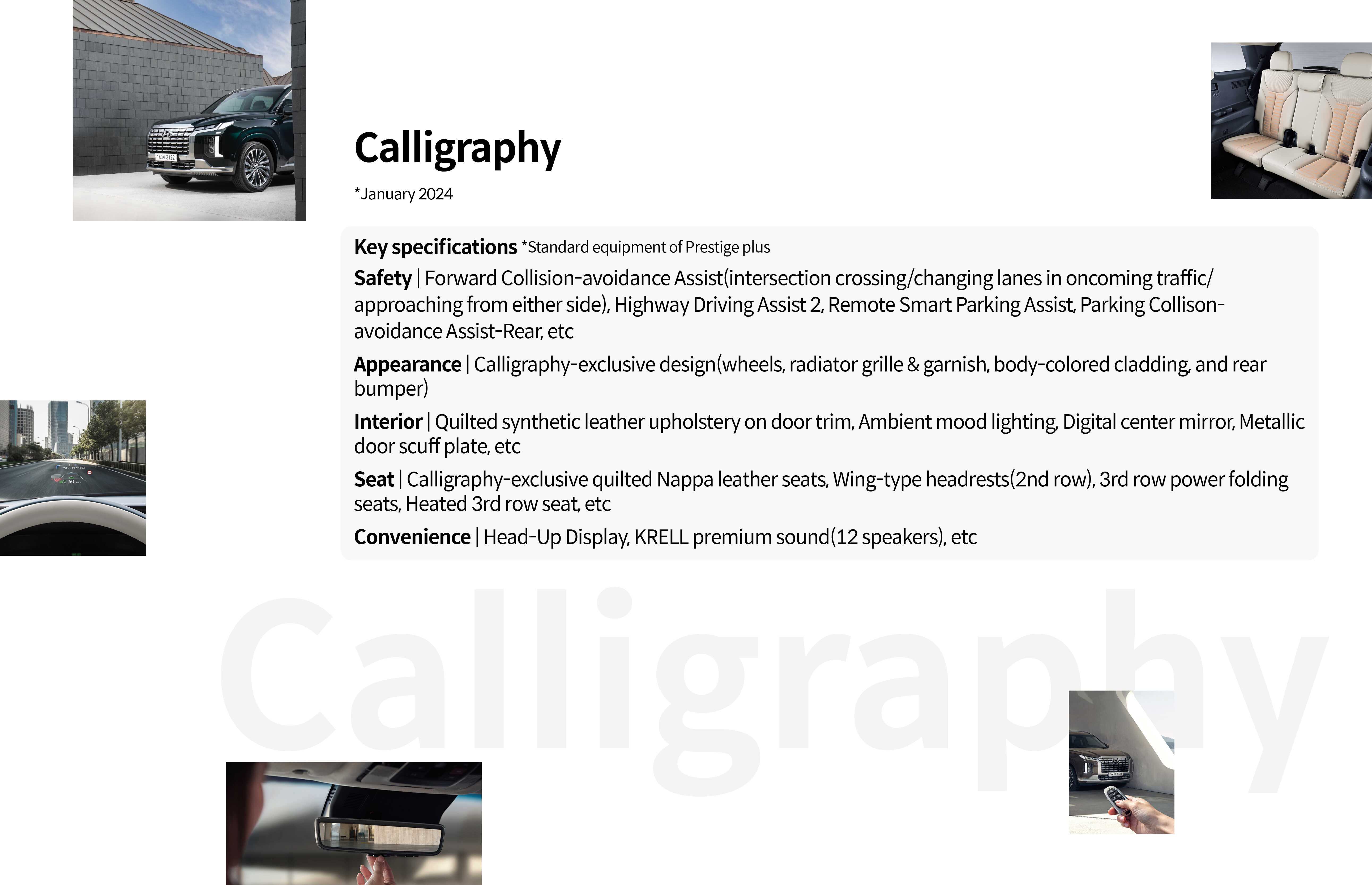 Calligraphy Key Specifications Safety, Appearance, Interior, Seat, Convenience Specification List