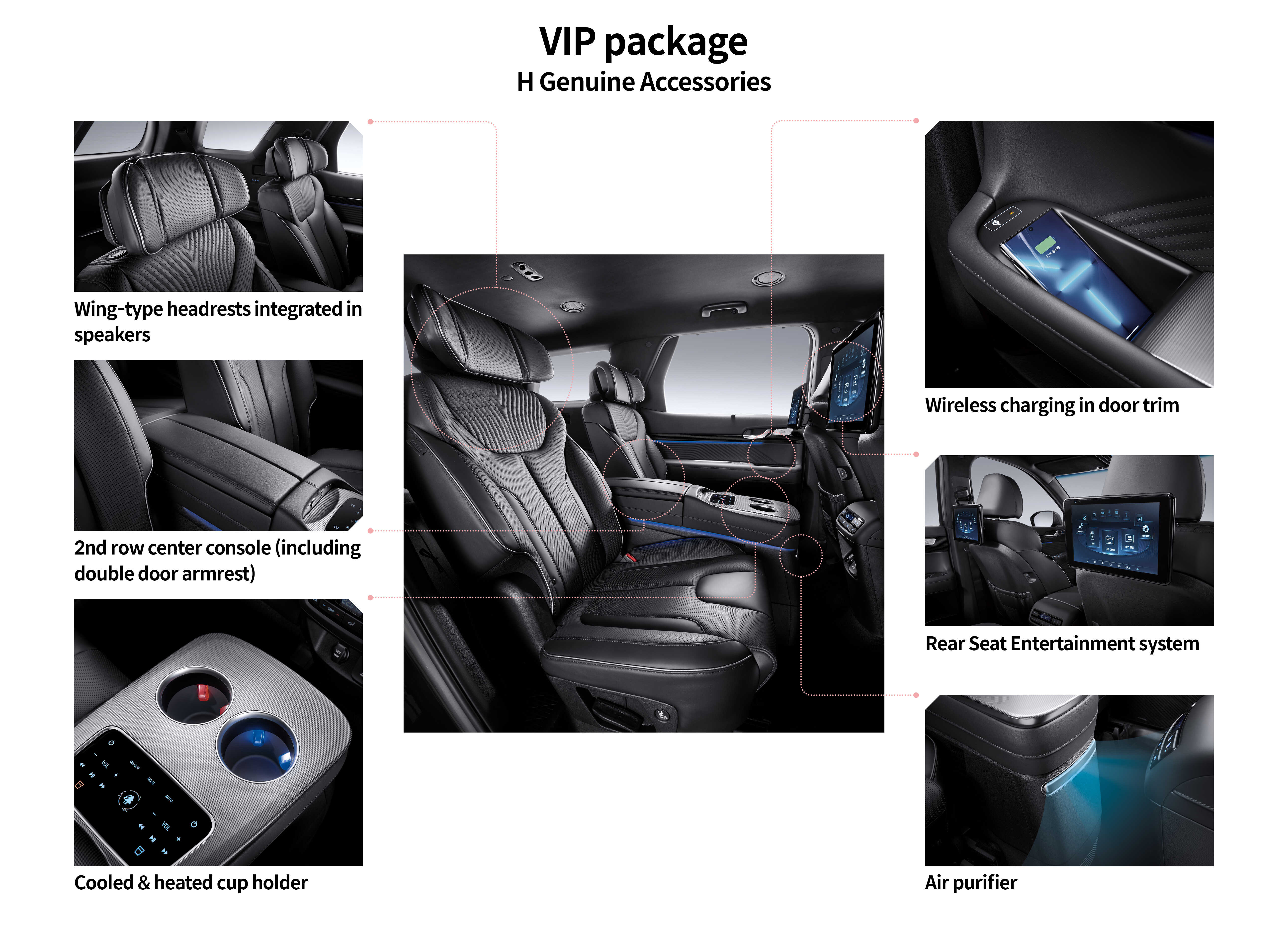 VIP package specifications summary image, clockwise door trim smartphone wireless charging system, rear seat entertainment system, air purifier, hot cup holder and touch switch, second row center console, wing-type headrest with built-in speaker each image is arranged