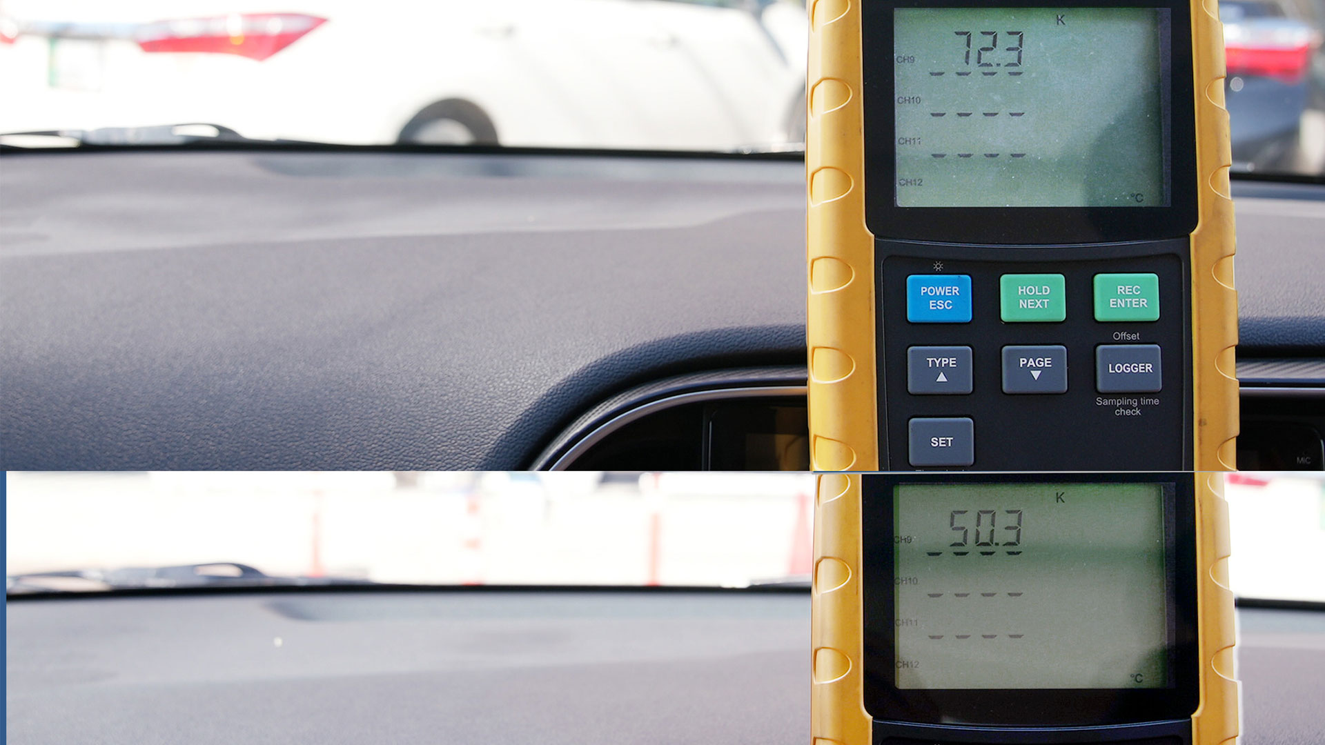 나노 쿨링 필름이 적용된 차량과 적용되지 않은 차량의 파키스탄 현지 온도 비교 평가 결과.