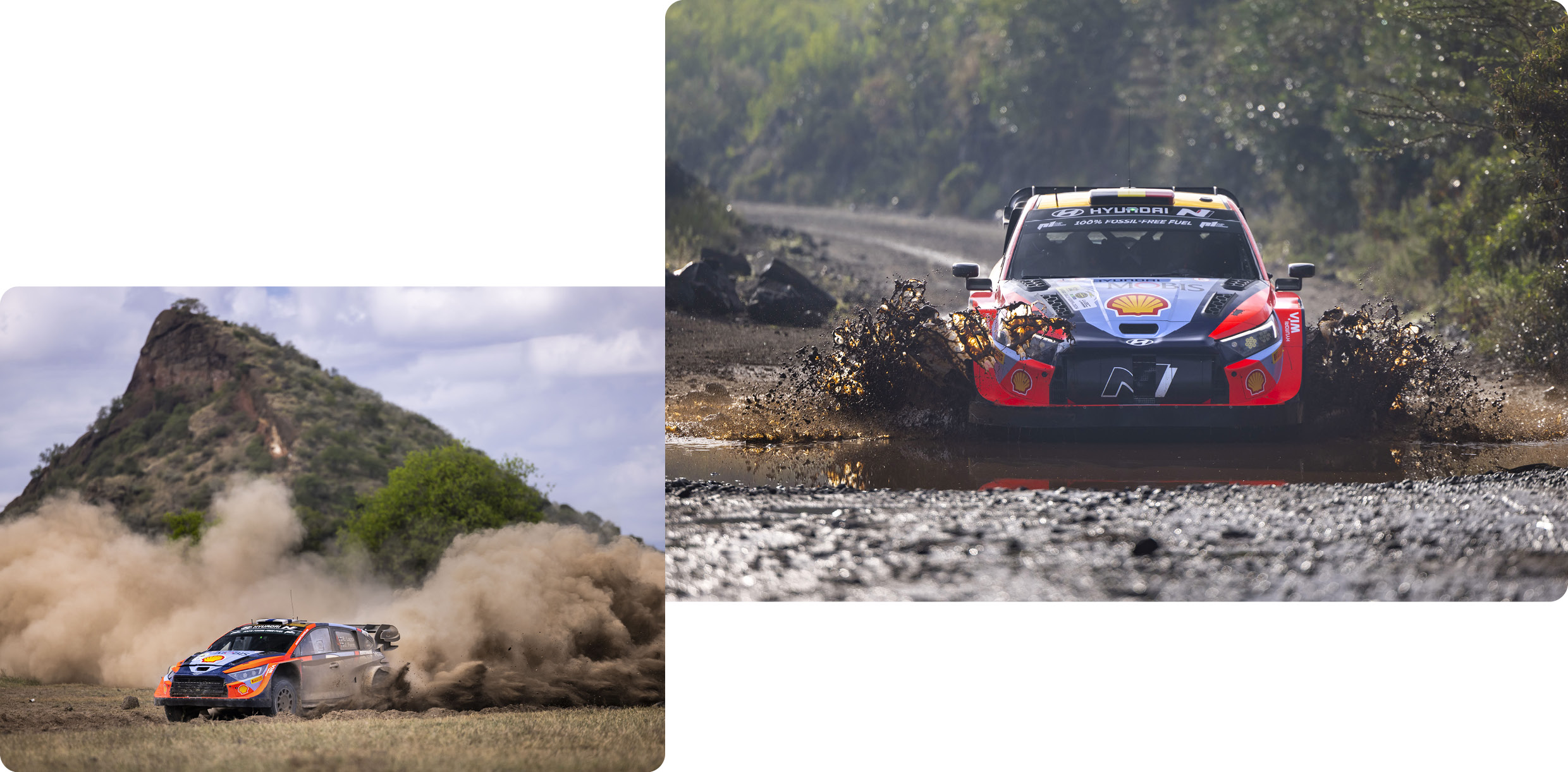the sight of a rally car running down a hill