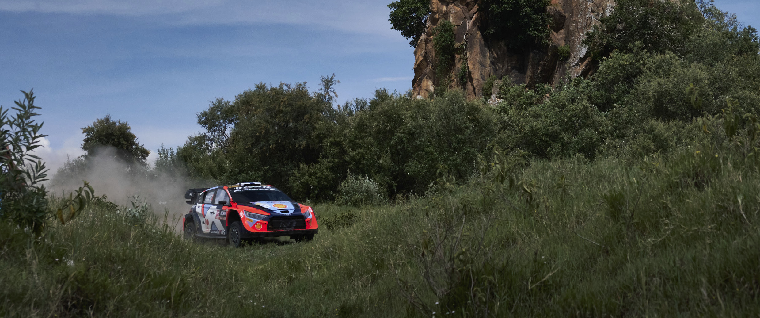 the appearance of a rally car running on a mountain road