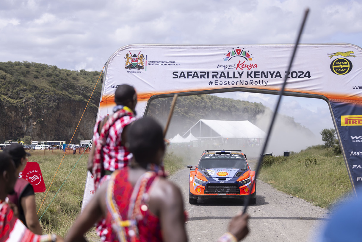 Hyundai rally team's rally car crossing the finish line