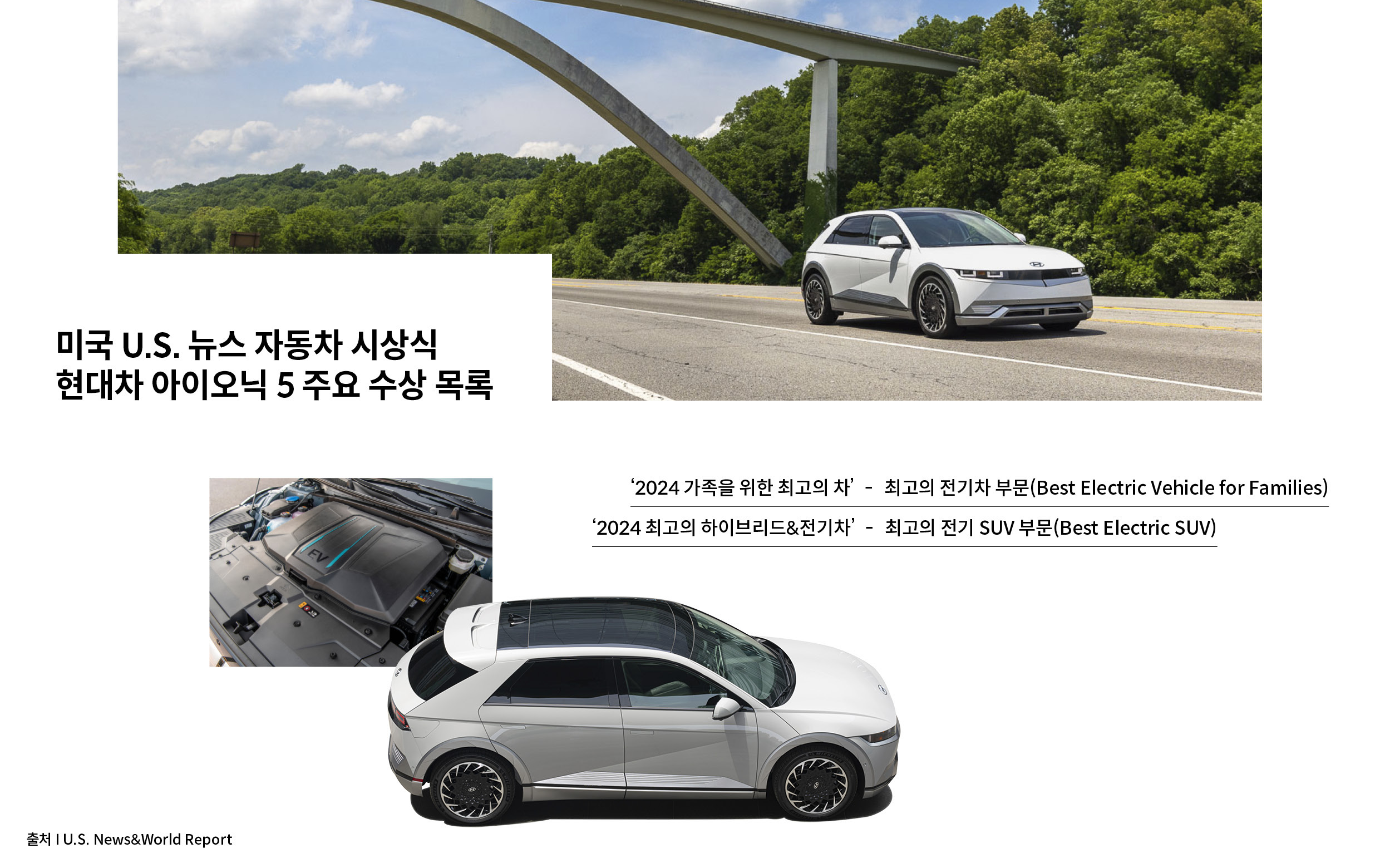 미국 U.S. 뉴스 자동차 시상식 현대차 아이오닉 5 주요 수상 목록 2024 가족을 위한 최고의 차 – 최고의 전기차 부문, 2024 최고의 하이브리드&전기차 – 최고의 전기 SUV 부문