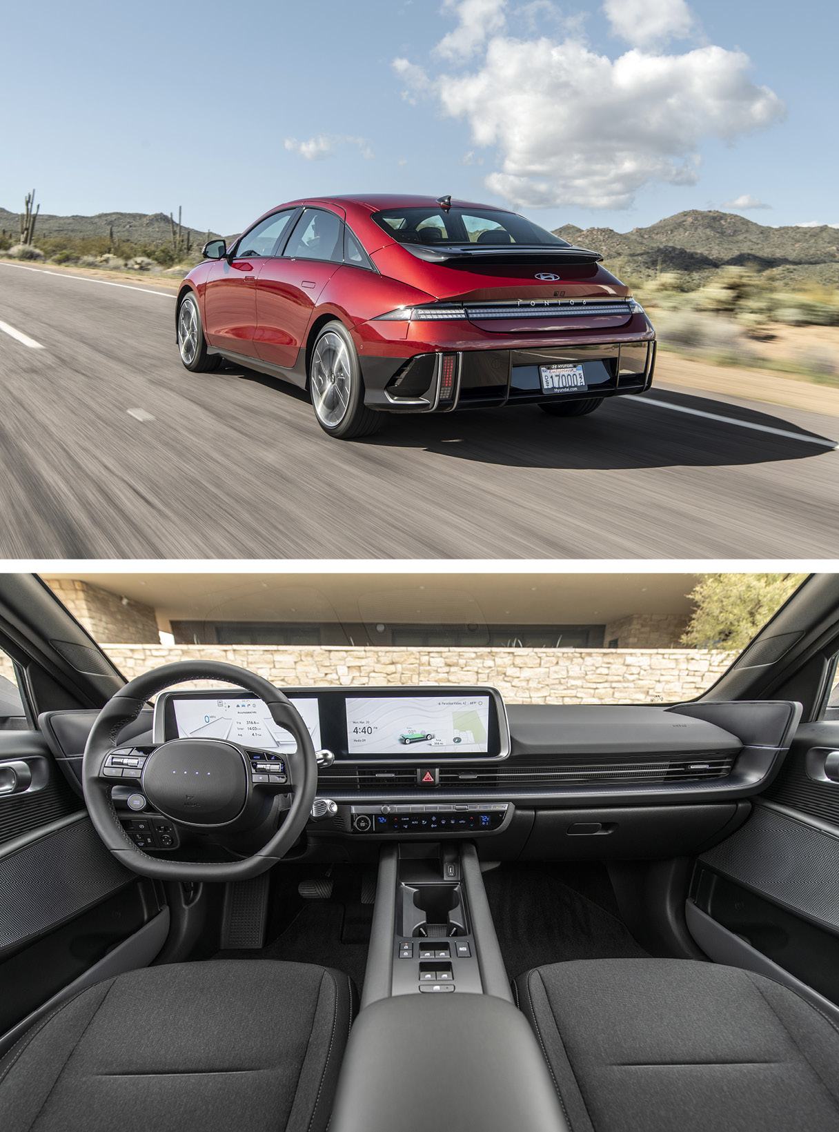 사막 도로를 주행하는 빨간색 아이오닉 6 후측면 모습, 아이오닉 6 1열 실내 전경