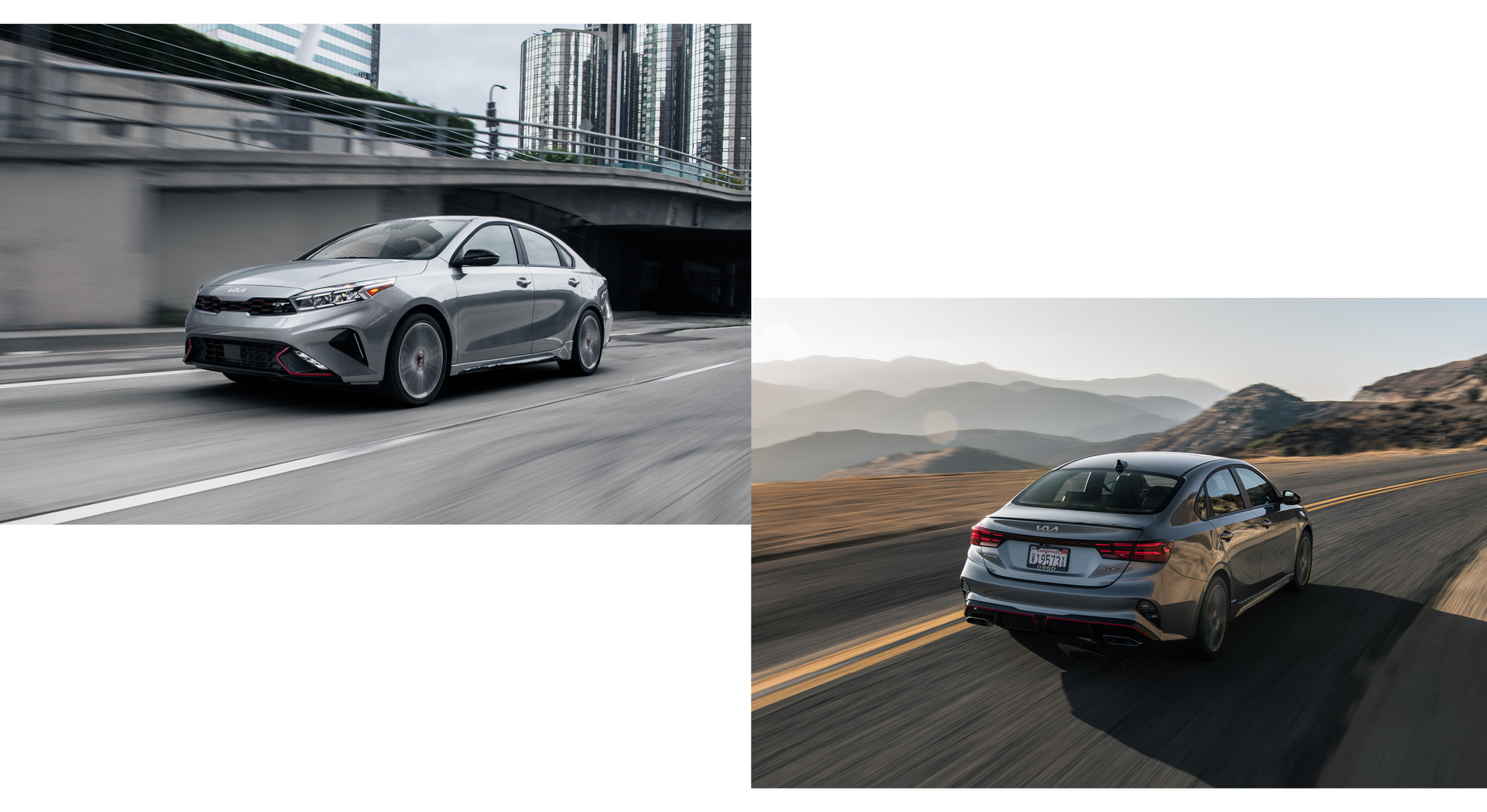 미국 도심을 주행하는 포르테 전측면 모습, 산악도로를 주행하는 포르테 후측면 모습