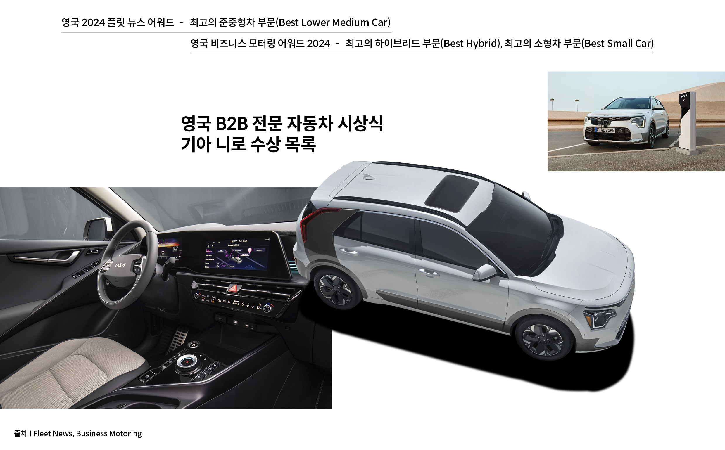 영국 B2B 전문 자동차 시상식 기아 니로 수상 목록, 영국 2024 플릿 뉴스 어워드 – 최고의 준중형차 부문, 영국 비즈니스 모터링 어워드 2024 – 최고의 하이브리드 부문, 최고의 소형차 부문