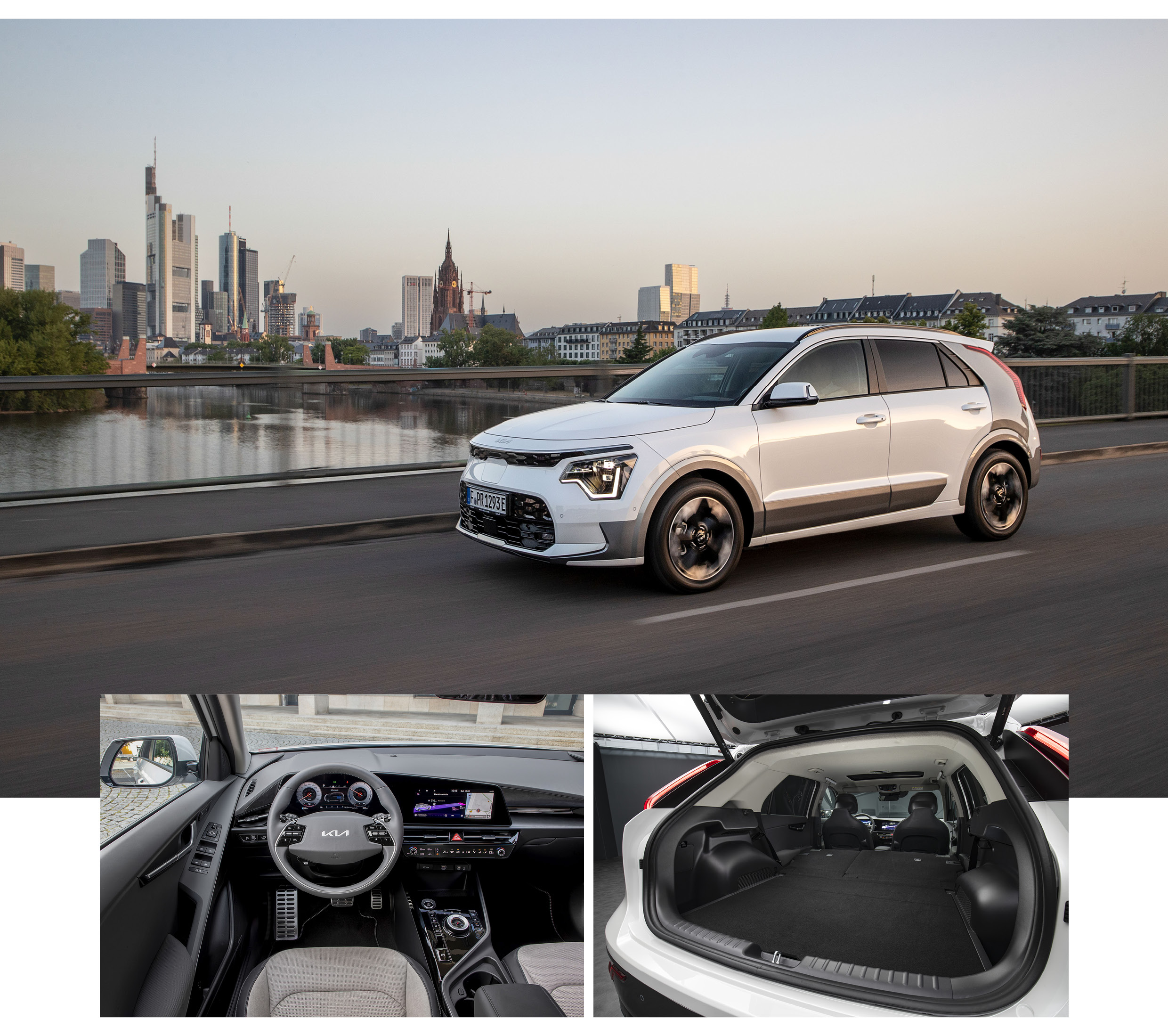 유럽 구도심을 주행하는 니로 전측면, 니로 1열 실내 전경, 후방 테일게이트에서 실내 전면부 바라본 모습