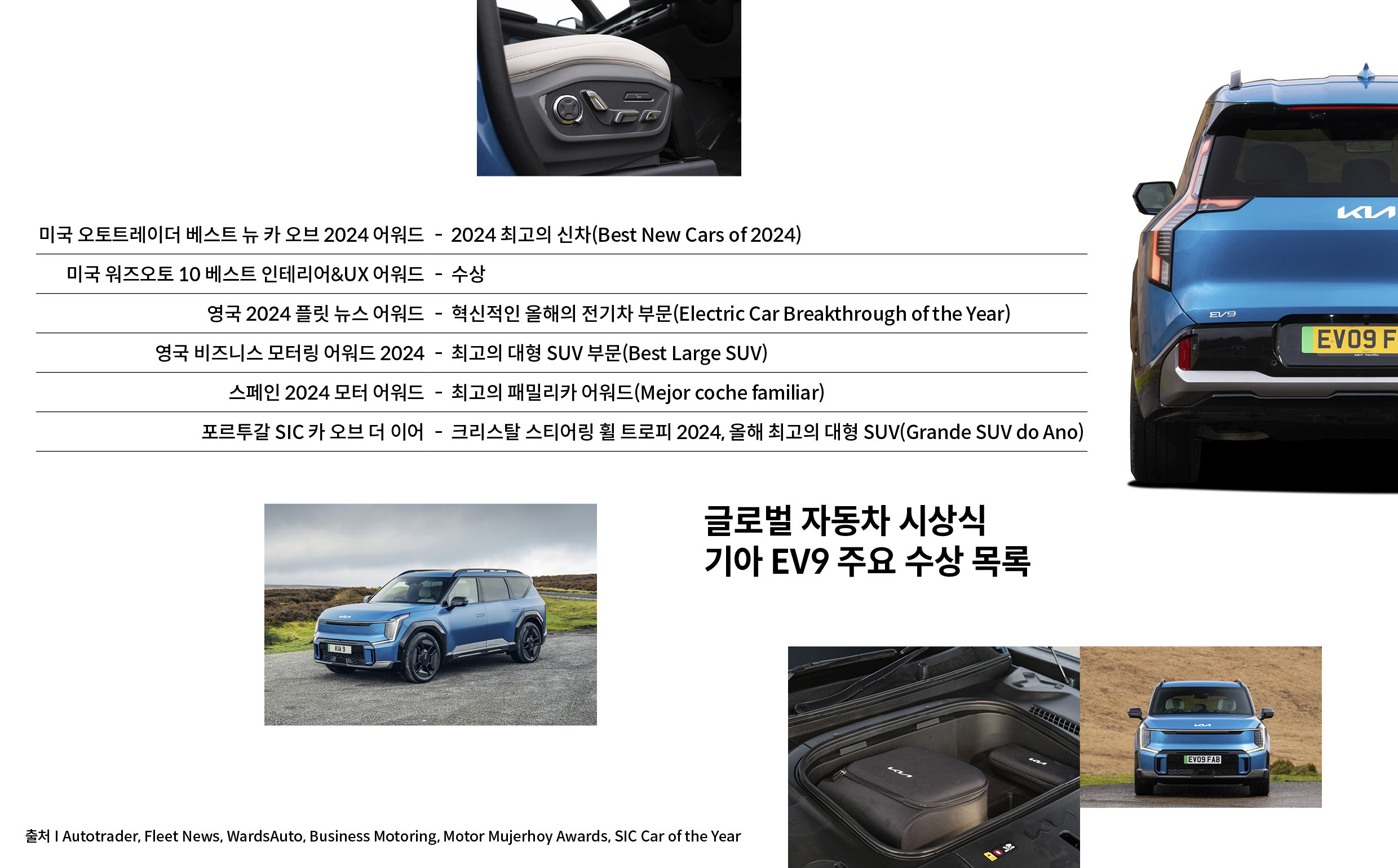 흰색 바탕에 파란색 EV9 사진 배열한 모습, 글로벌 자동차 시상식 기아 EV9 주요 수상 목록, 미국 오토트레이더 베스트 뉴 카 오브 2024 어워드 – 2024 최고의 신차, 영국 2024 플릿 뉴스 어워드 – 혁신적인 올해의 전기차 부문, 영국 비즈니스 모터링 어워드 2024 – 최고의 대형 SUV 부문, 스페인 2024 모터 어워드 – 최고의 패밀리카 어워드, 포르투갈 SIC 카 오브 더 이어 – 크리스탈 스티어링 휠 트로피 2024, 올해의 대형 SUV