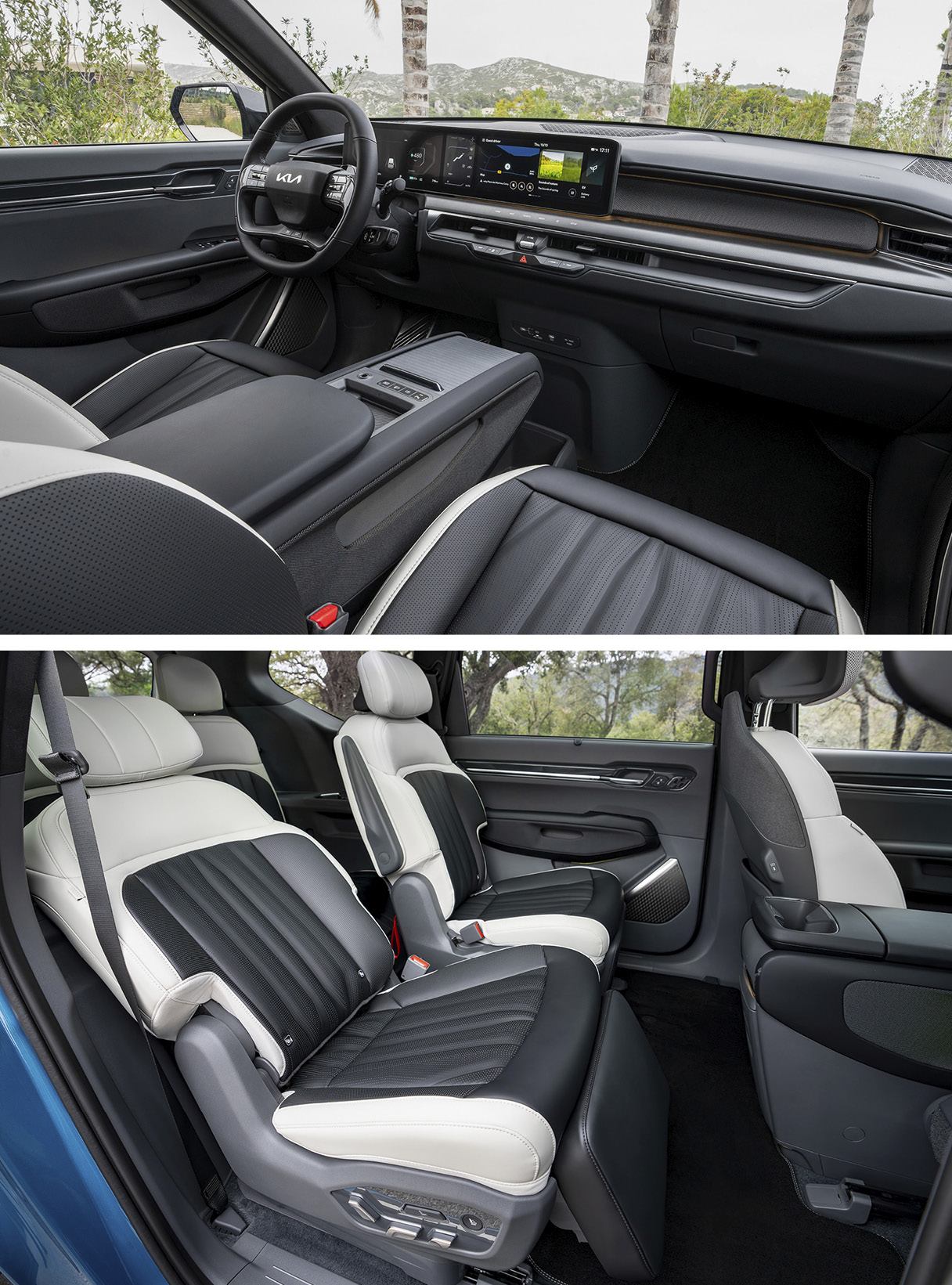 EV9 1열 실내 전경 및 2열 시트 리클라이닝 작동 모습